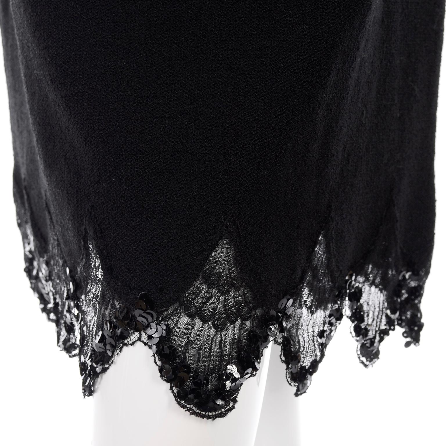 Women's 1970s Victorian Revival Adolfo Vintage Black Dress With Lace & Sequin Trim For Sale