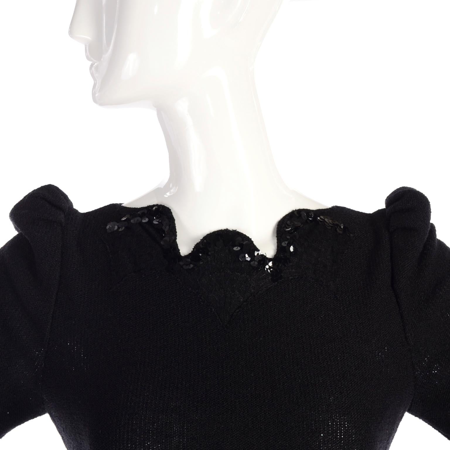 1970s Victorian Revive Adolfo Vintage Black Dress With Lace & Sequin Trim en vente 3