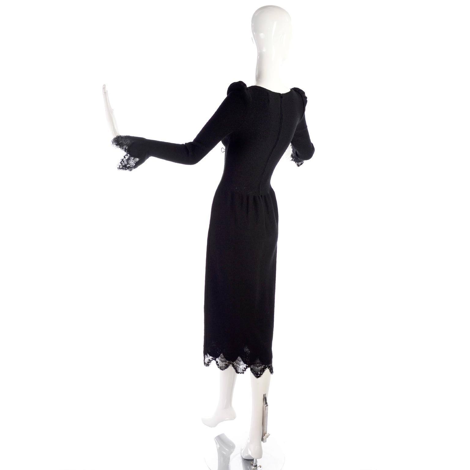 1970s Victorian Revival Adolfo Vintage Black Dress With Lace & Sequin Trim For Sale 2