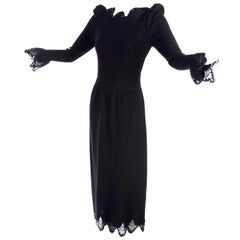 1970s Victorian Revival Adolfo Vintage Black Dress With Lace & Sequin Trim