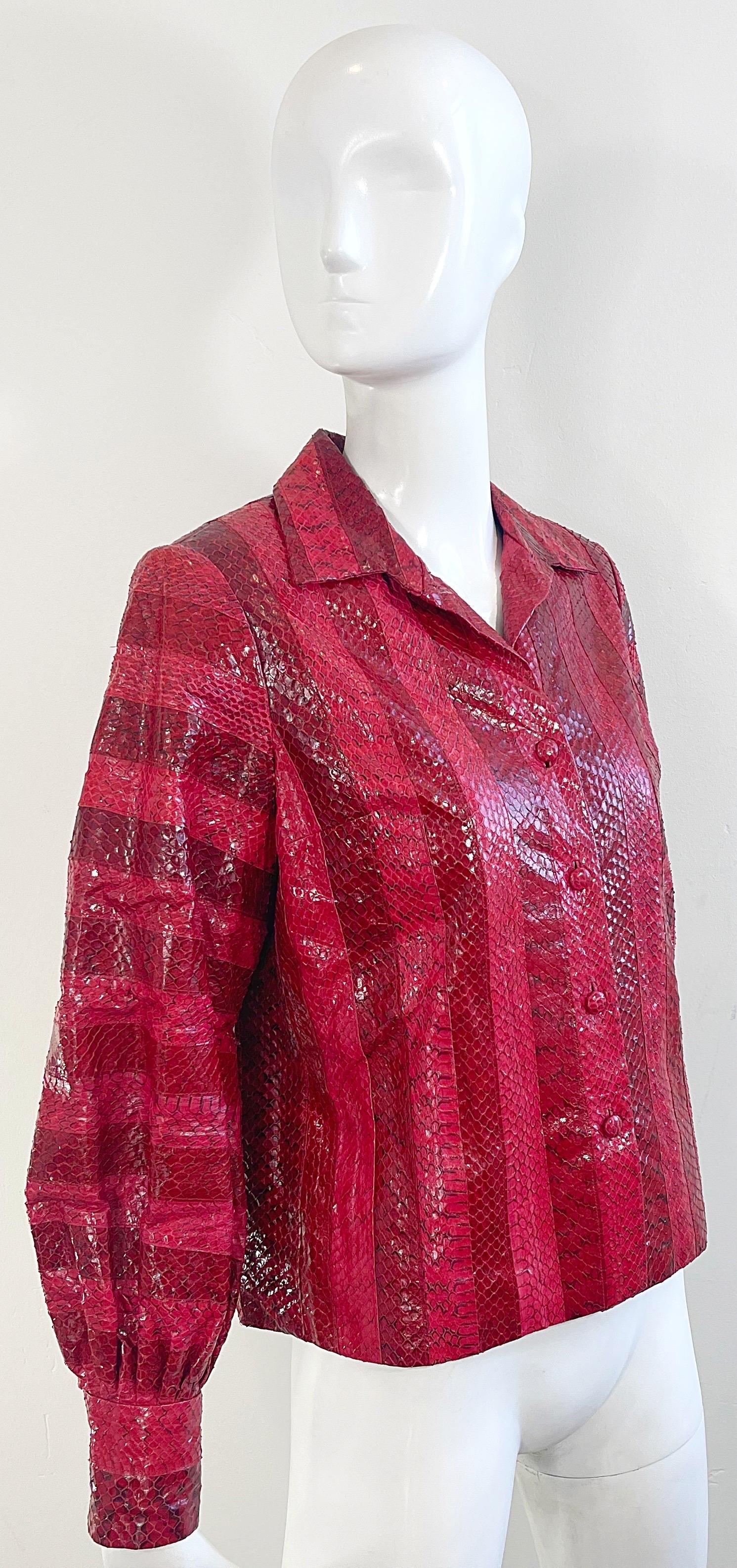 1970s Vincent & Harmik Red Snakeskin Python Vintage 70s Shirt Jacket Blouse Top For Sale 6