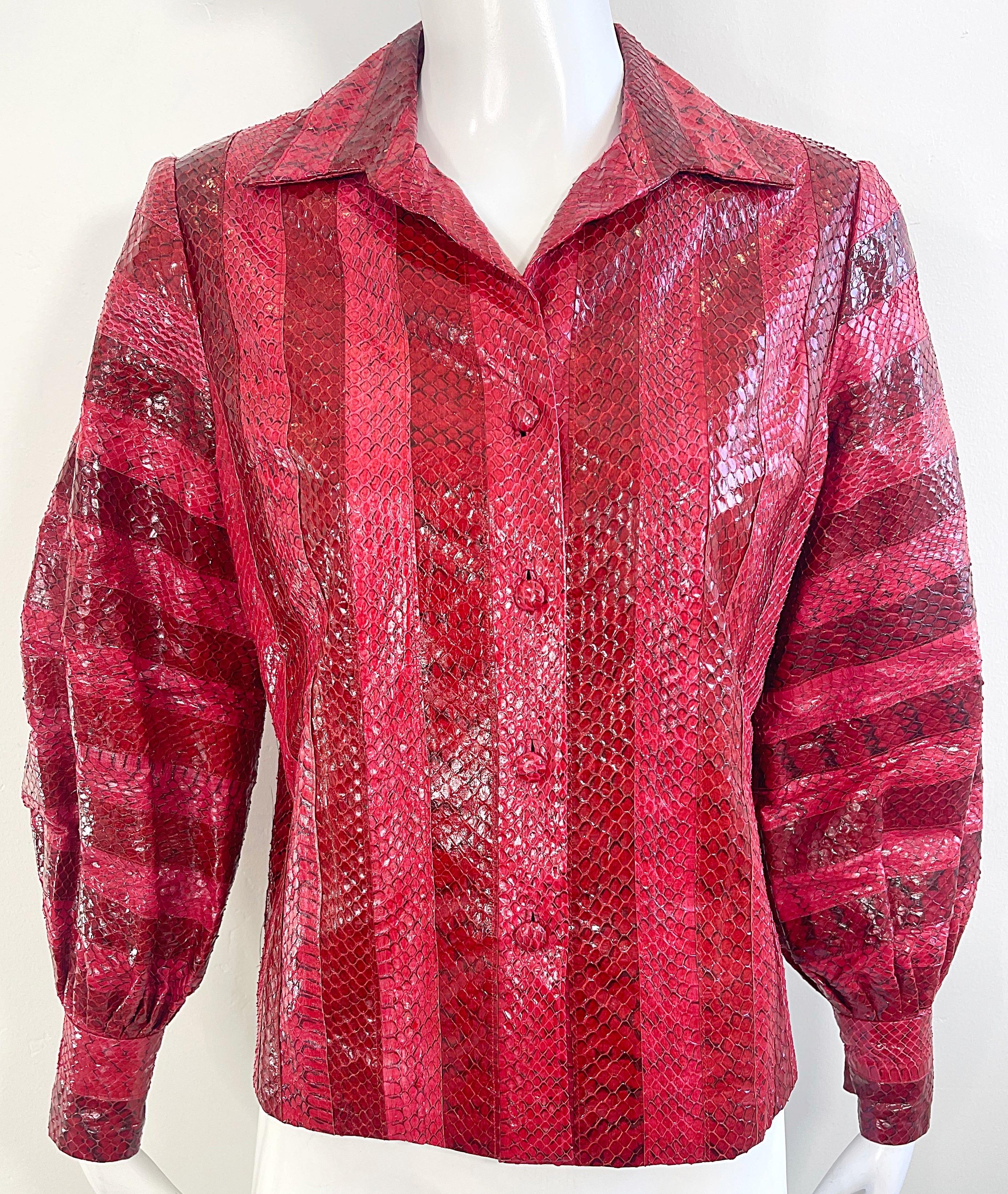1970s Vincent & Harmik Red Snakeskin Python Vintage 70s Shirt Jacket Blouse Top For Sale 8