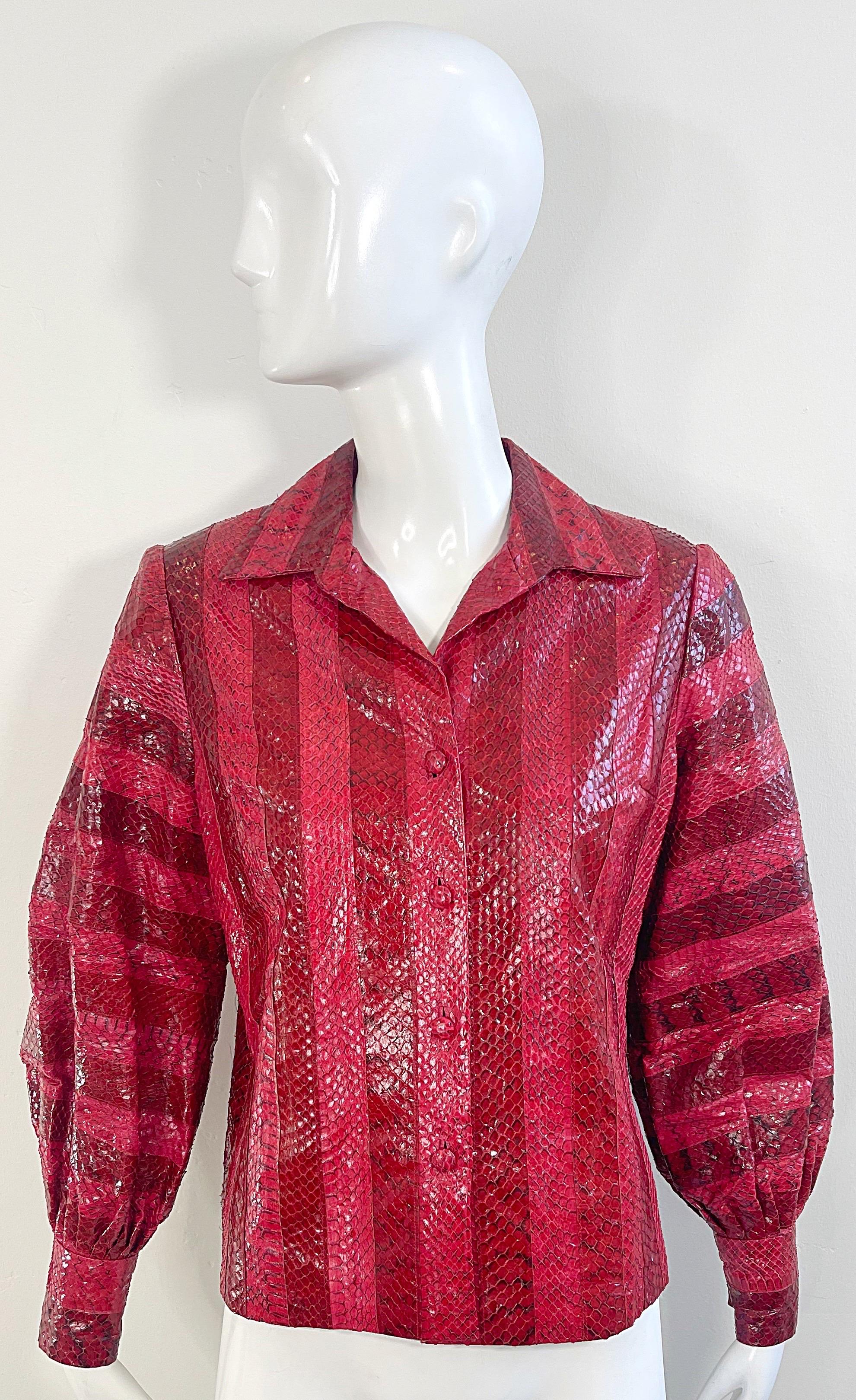 1970s Vincent & Harmik Red Snakeskin Python Vintage 70s Shirt Jacket Blouse Top For Sale 10