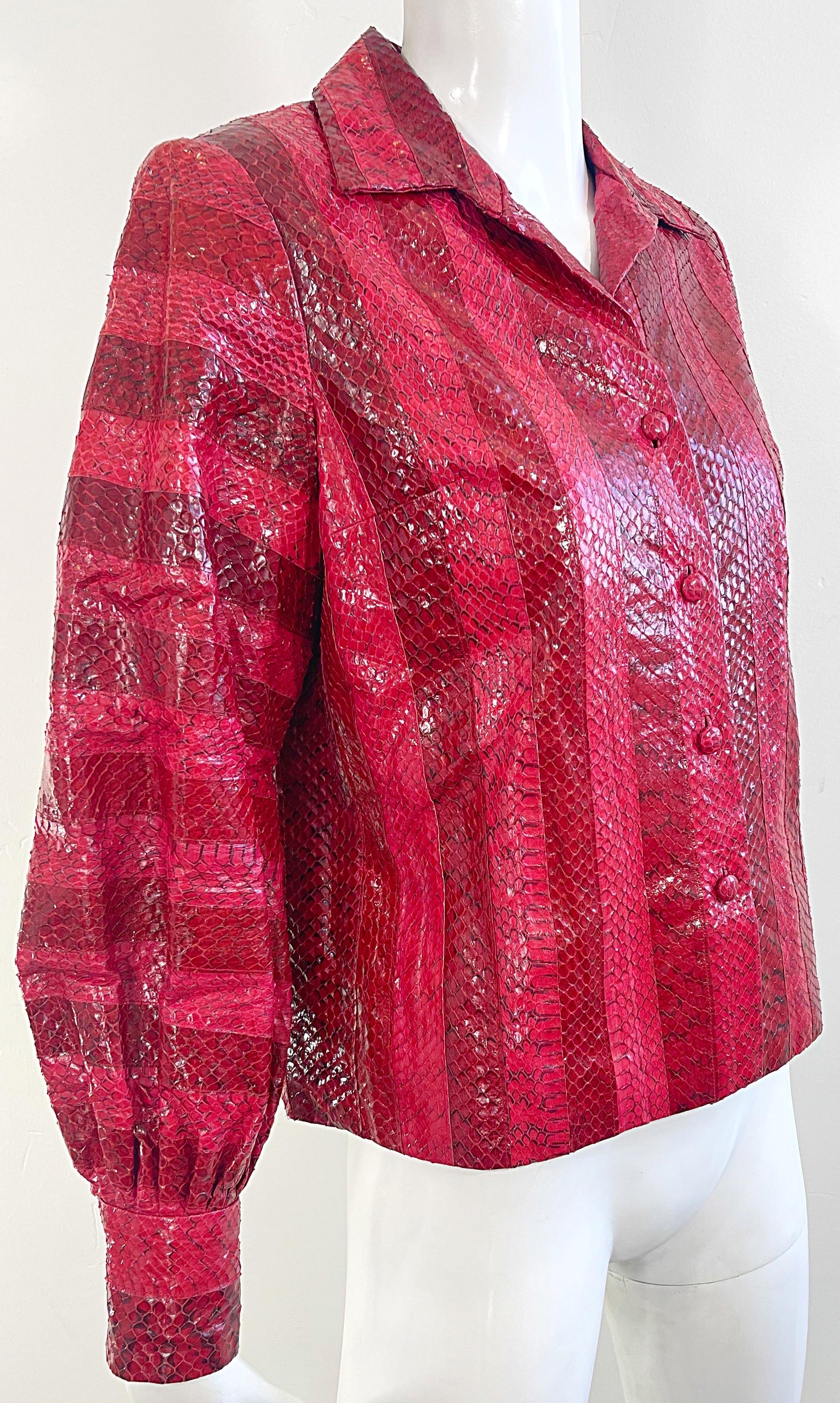 Women's or Men's 1970s Vincent & Harmik Red Snakeskin Python Vintage 70s Shirt Jacket Blouse Top For Sale