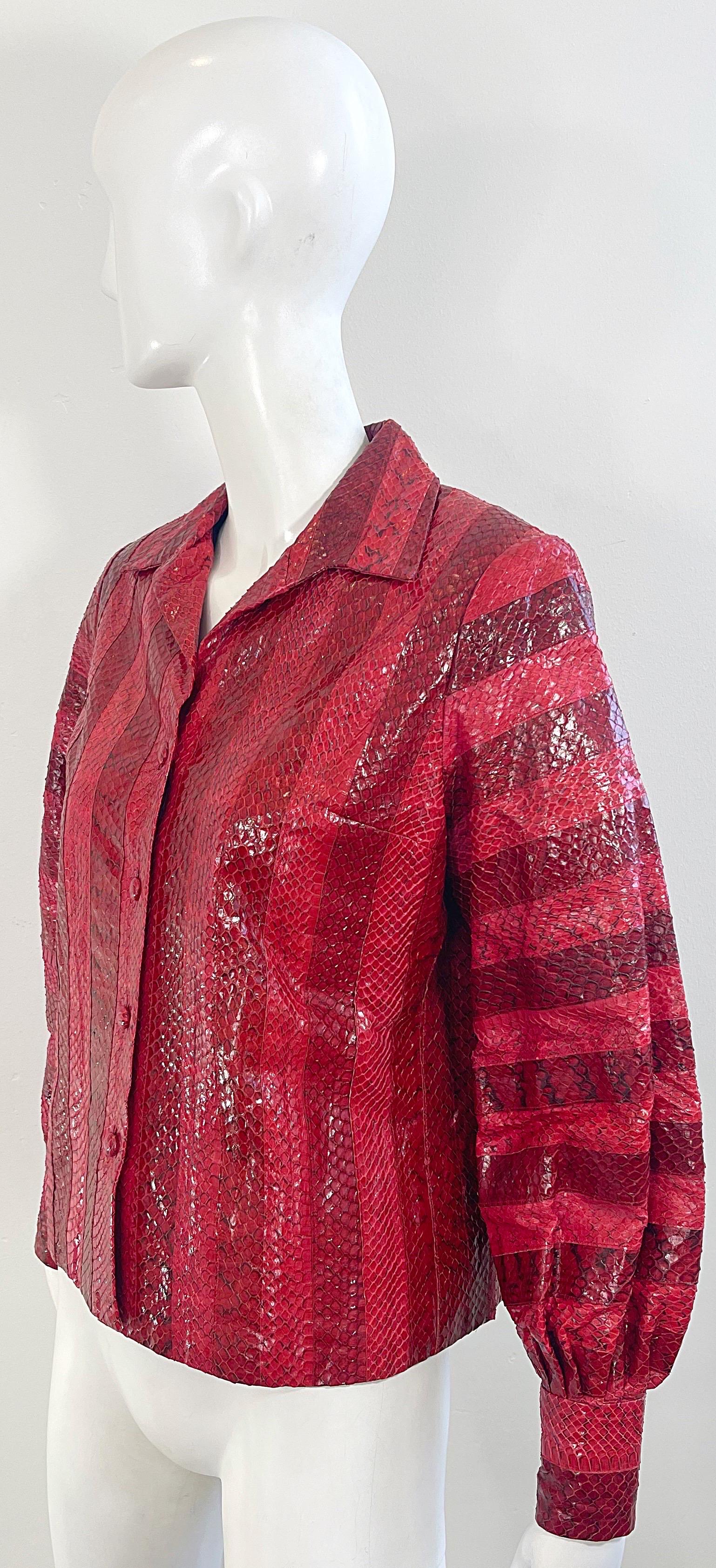 1970s Vincent & Harmik Red Snakeskin Python Vintage 70s Shirt Jacket Blouse Top For Sale 2