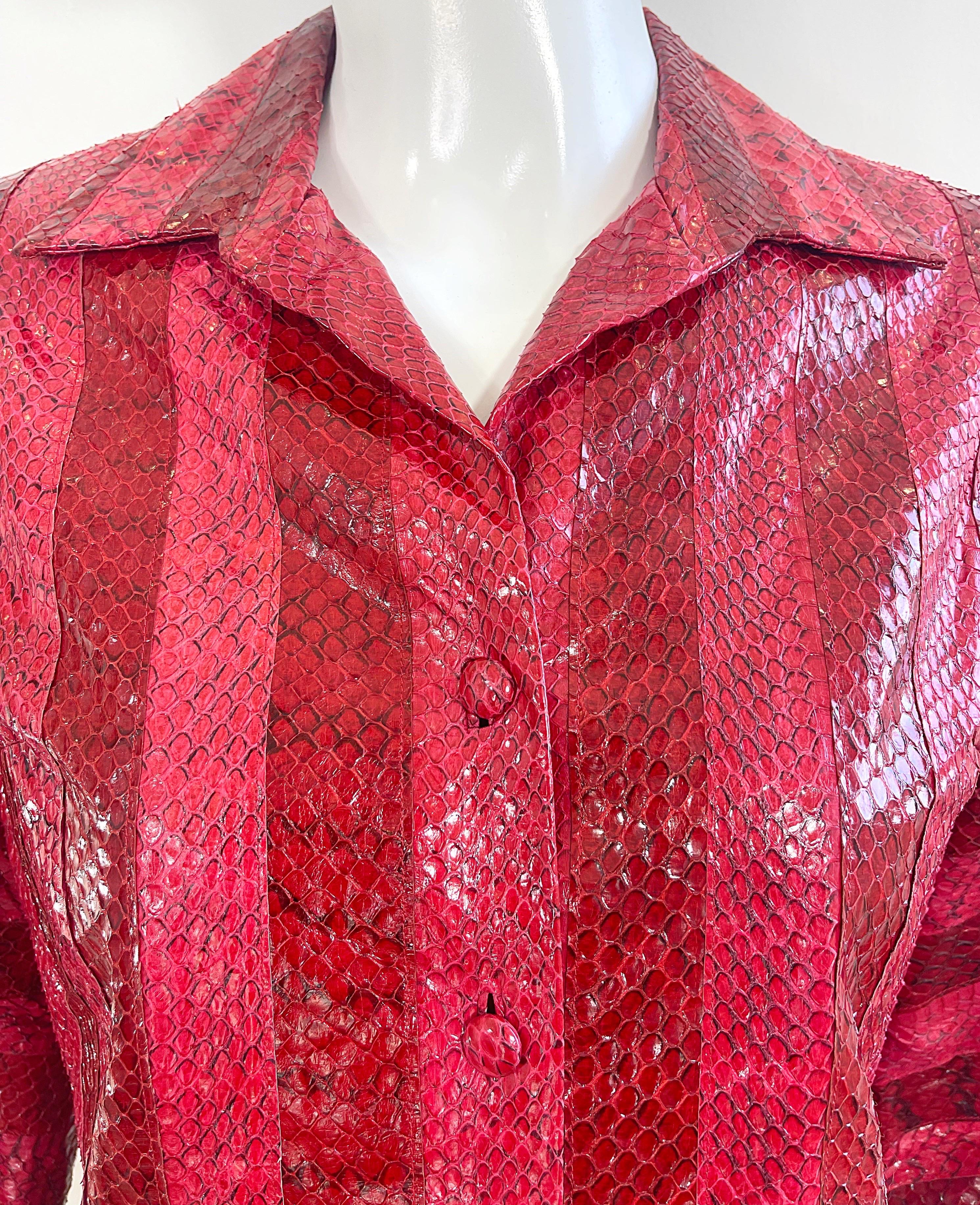 1970s Vincent & Harmik Red Snakeskin Python Vintage 70s Shirt Jacket Blouse Top For Sale 3
