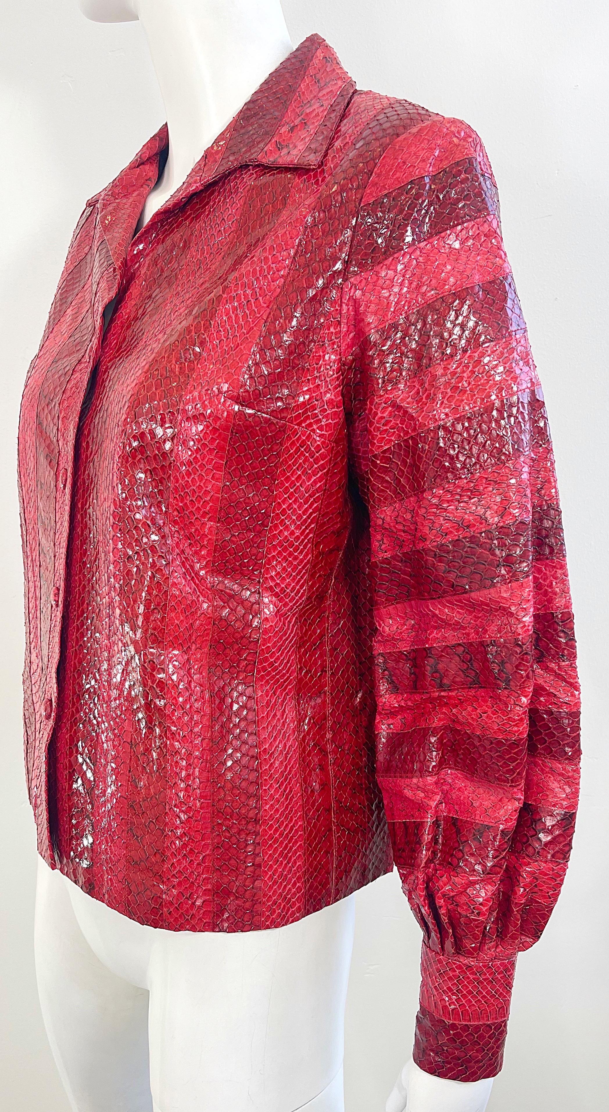 1970s Vincent & Harmik Red Snakeskin Python Vintage 70s Shirt Jacket Blouse Top For Sale 4
