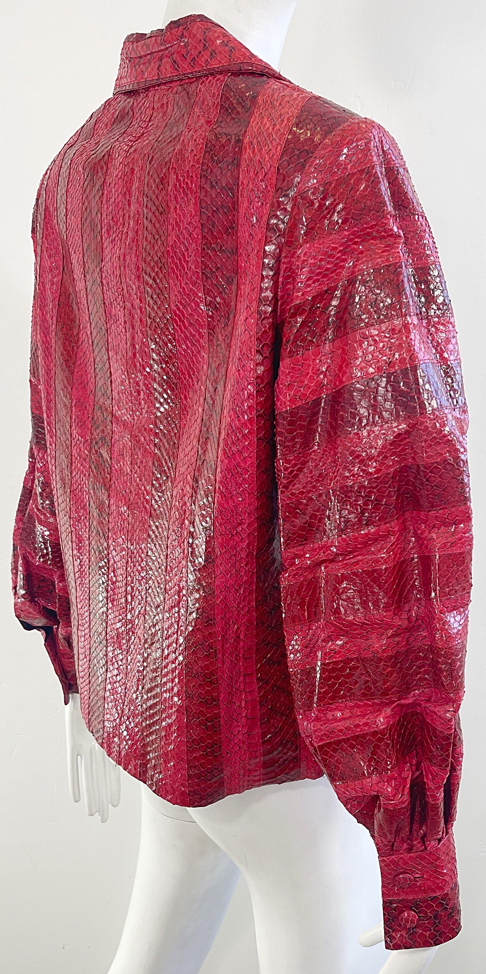 1970s Vincent & Harmik Red Snakeskin Python Vintage 70s Shirt Jacket Blouse Top For Sale 5