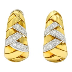 1970's Vintage 2.08 Carats Diamond 18 Karat Two-Tone Gold Woven J Hoop Earrings