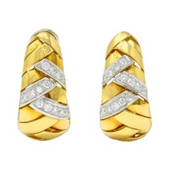 1970's Vintage 2.08 Carats Diamond 18 Karat Two-Tone Gold Woven J Hoop Earrings