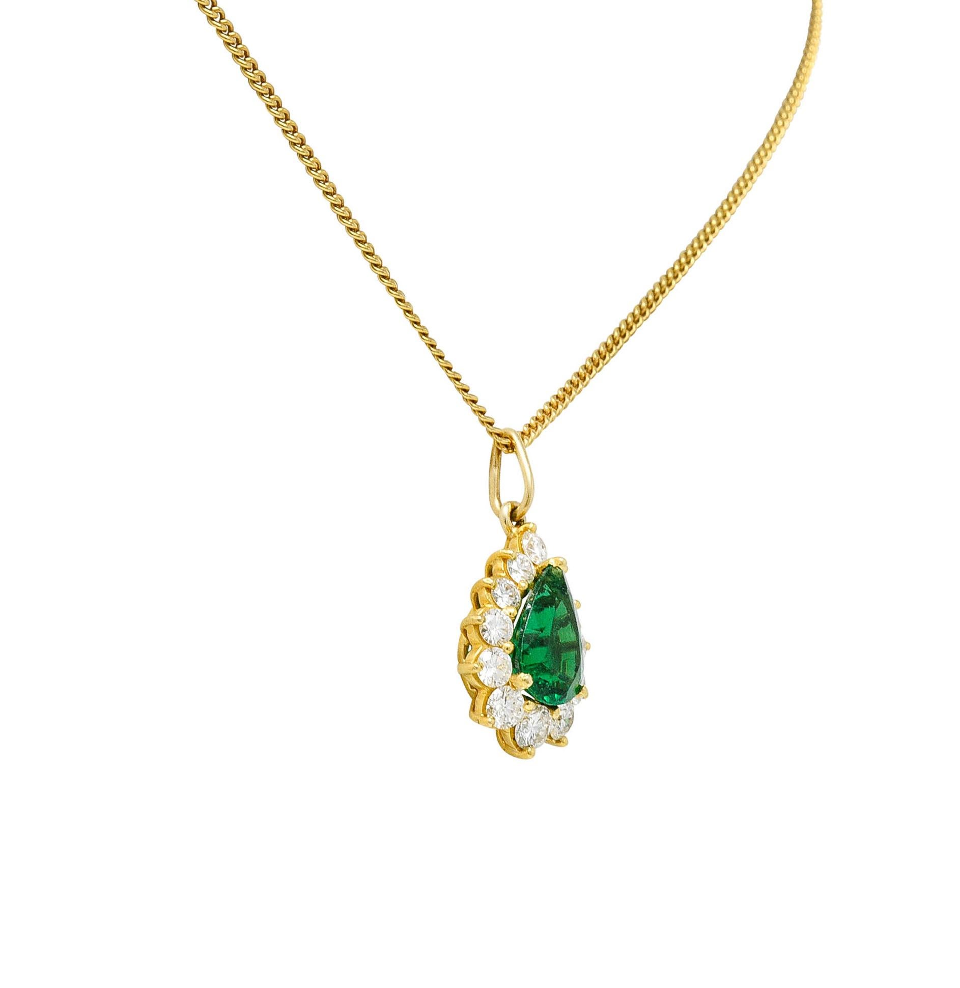 Contemporary 1970's Vintage 3.25 Carats Emerald Diamond 18 Karat Gold Pear Pendant Necklace
