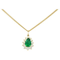 1970's Vintage 3.25 Carats Emerald Diamond 18 Karat Gold Pear Pendant Necklace