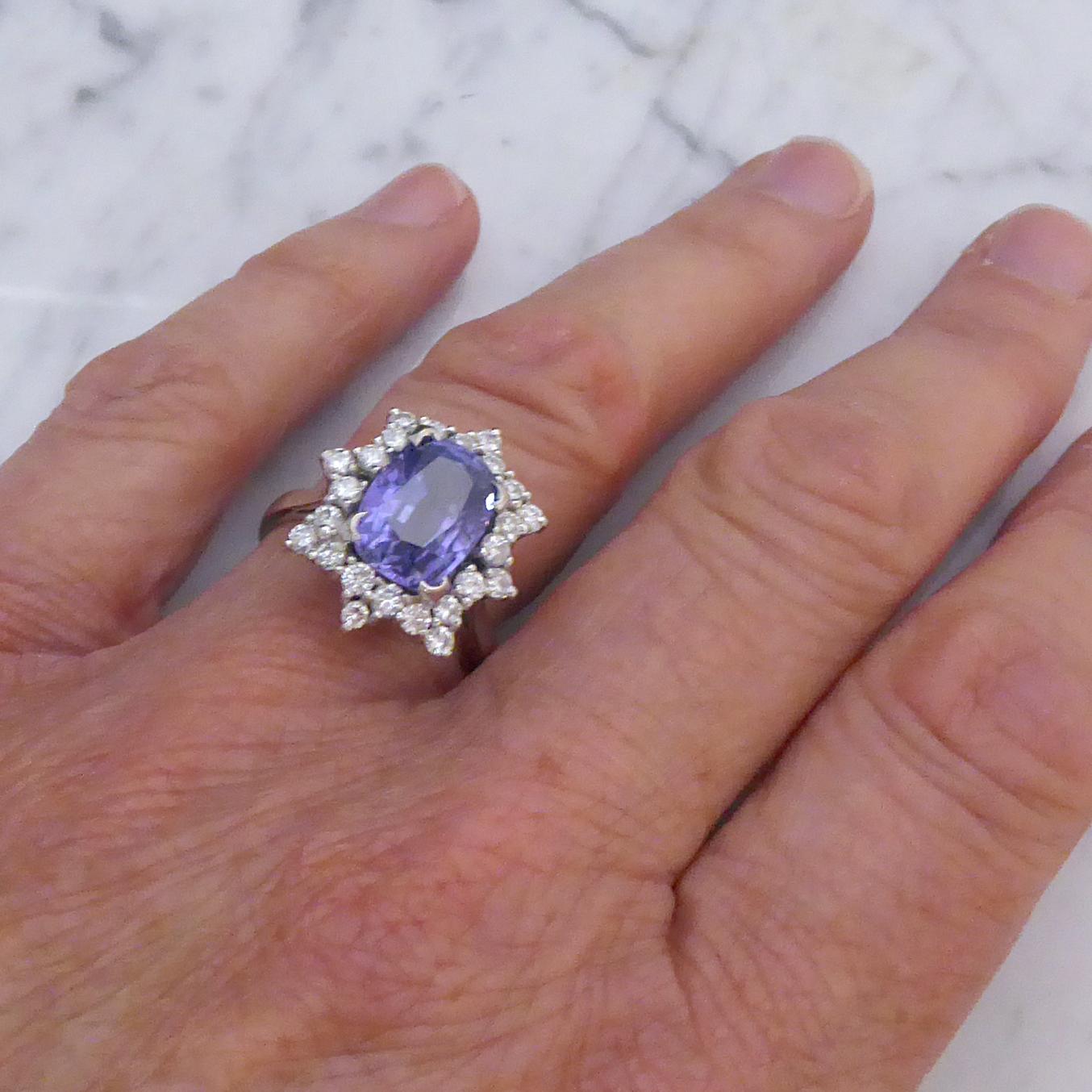 Modern 5.0 Carat Purple Sapphire and Diamond Ring, 1970s Vintage Cluster Style