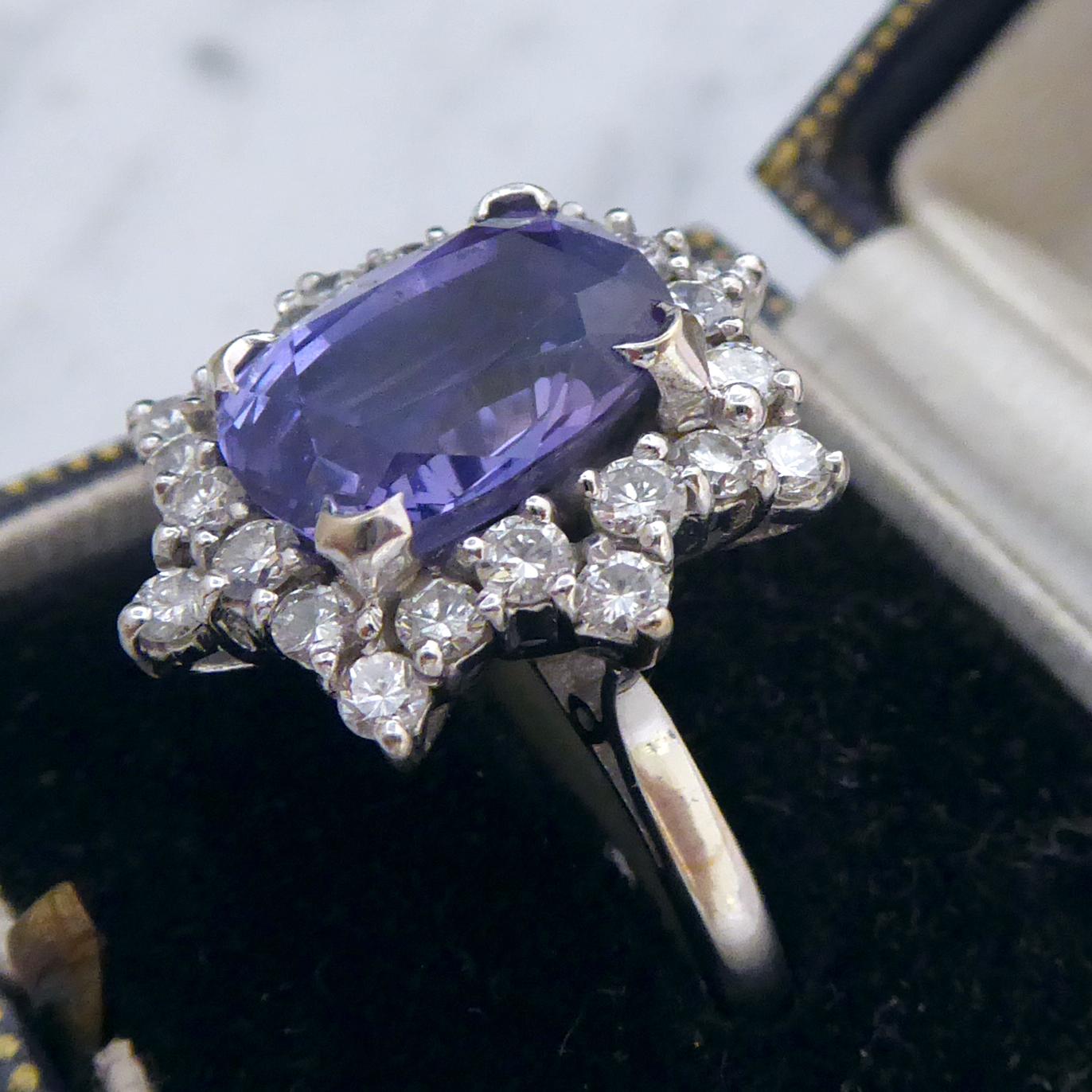 Oval Cut 5.0 Carat Purple Sapphire and Diamond Ring, 1970s Vintage Cluster Style