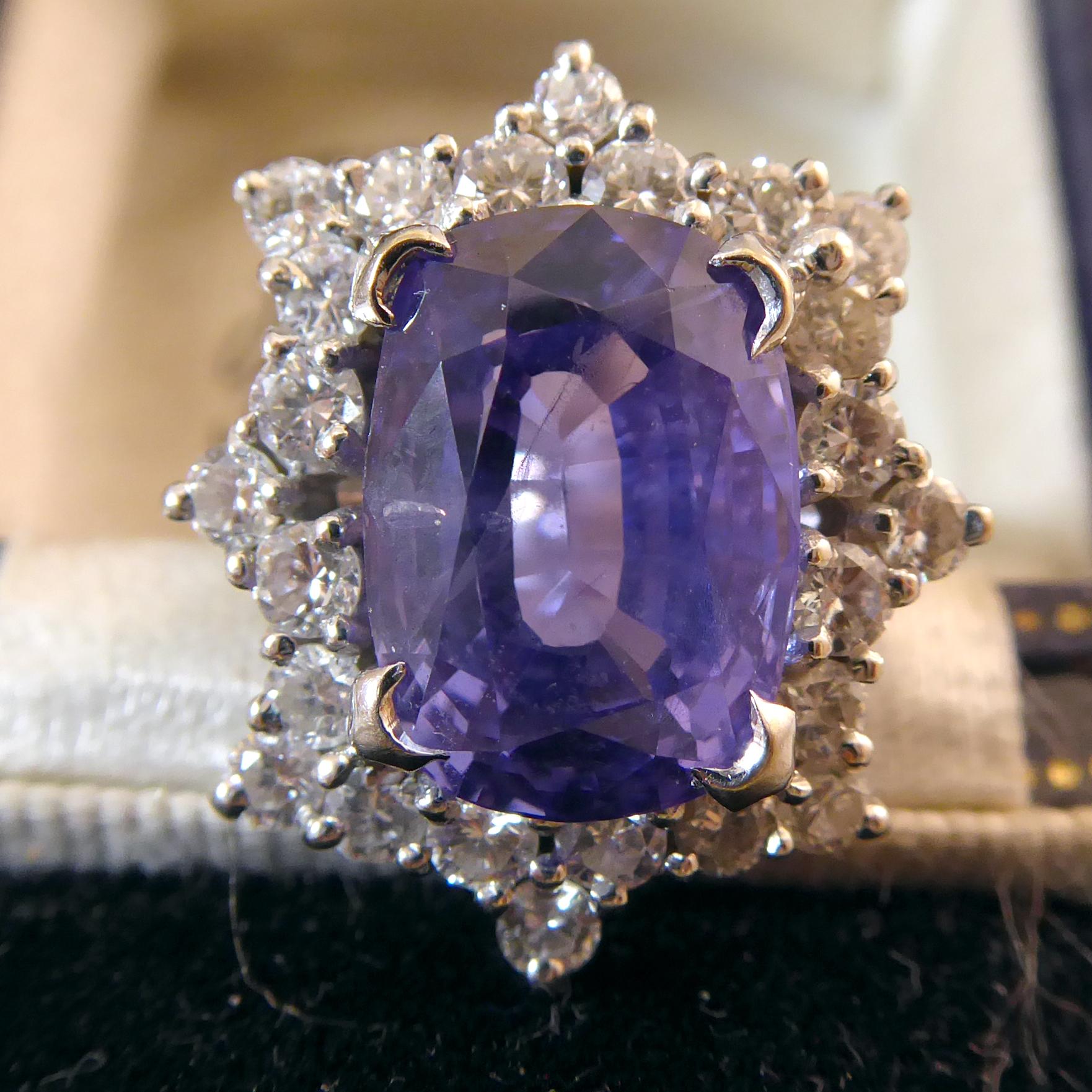 Women's or Men's 5.0 Carat Purple Sapphire and Diamond Ring, 1970s Vintage Cluster Style