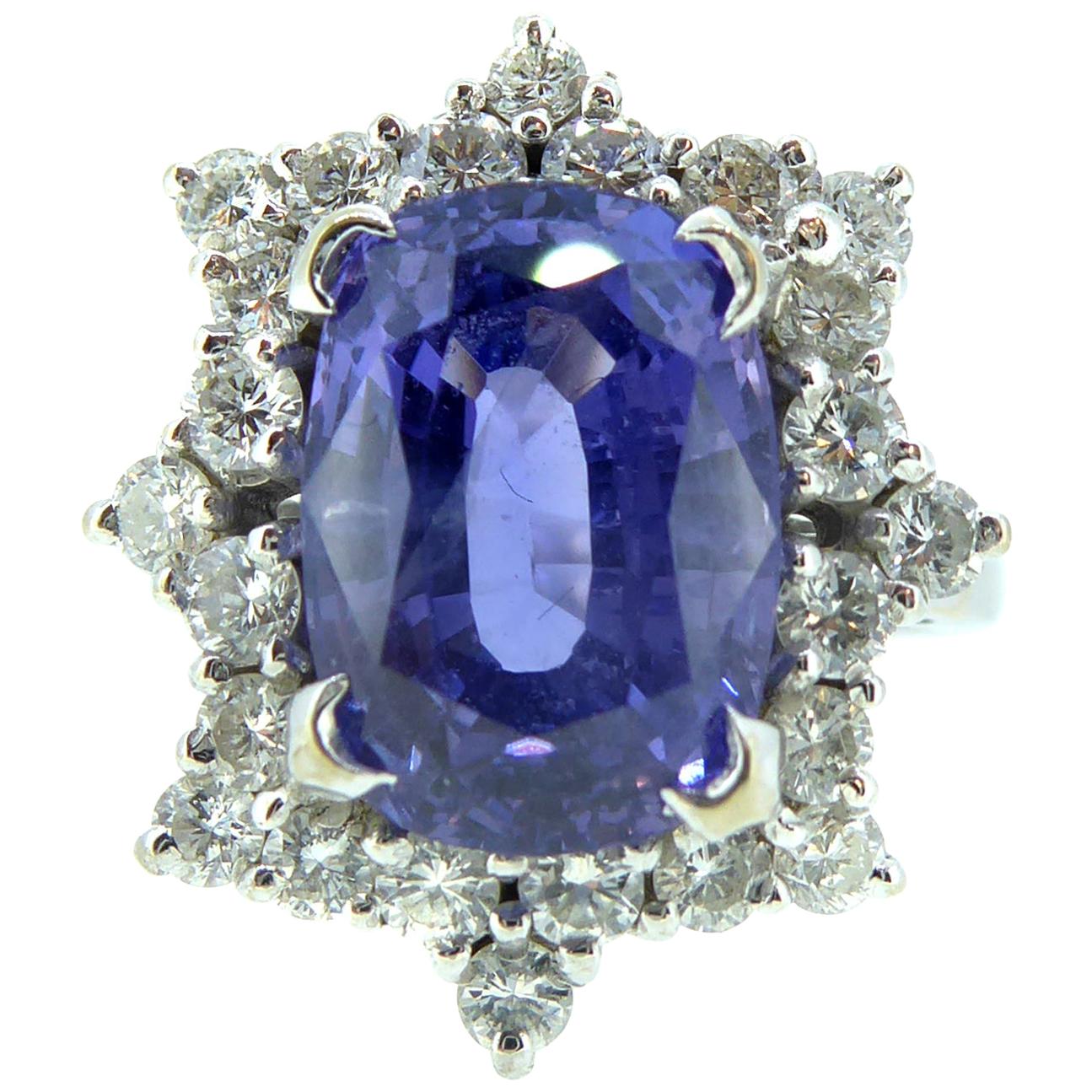 5.0 Carat Purple Sapphire and Diamond Ring, 1970s Vintage Cluster Style