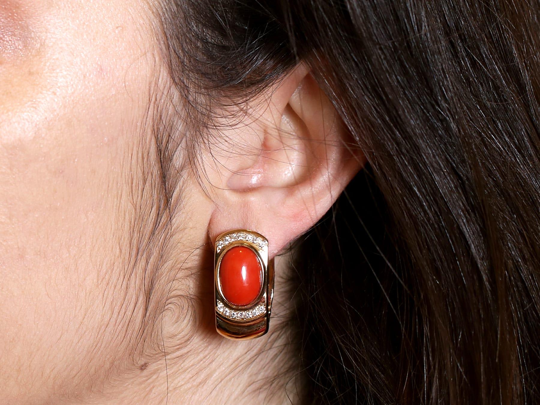 1970s Vintage 6.22 Carat Cabochon Cut Red Coral and Diamond Yellow Gold Earrings For Sale 2