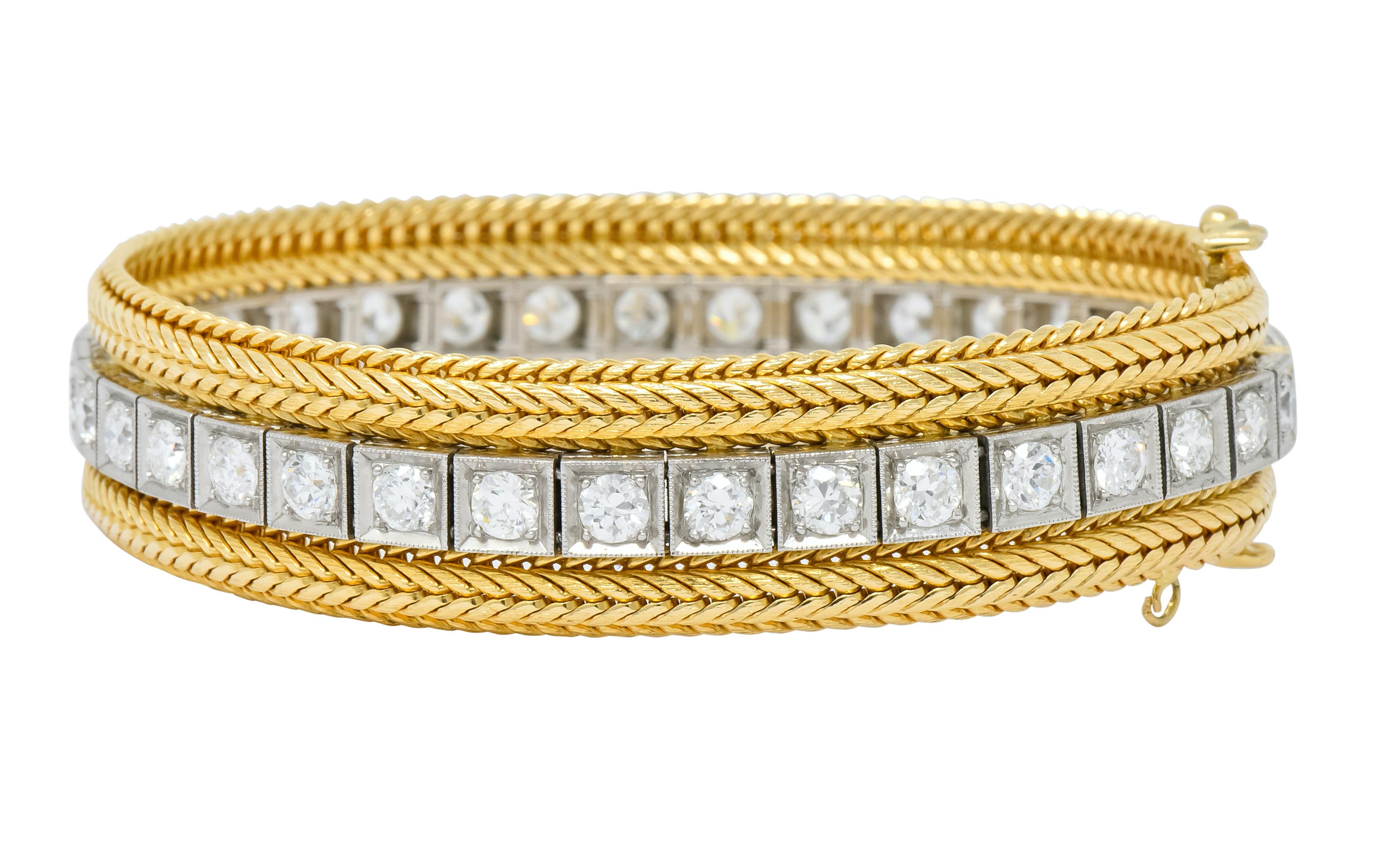Contemporary 1970s Vintage 6.48 Carat Diamond 14 Karat Gold Platinum Wheat Line Bracelet