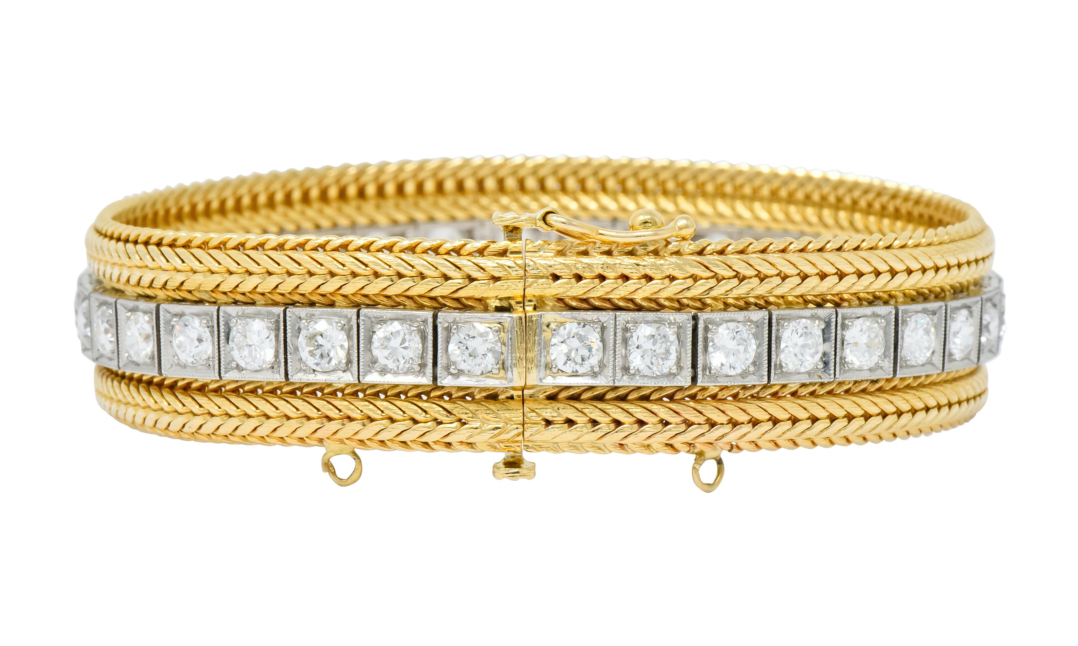 Round Cut 1970s Vintage 6.48 Carat Diamond 14 Karat Gold Platinum Wheat Line Bracelet