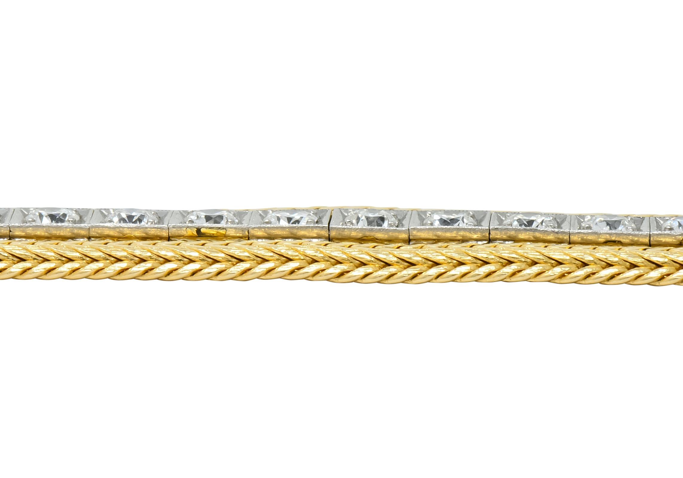 Women's or Men's 1970s Vintage 6.48 Carat Diamond 14 Karat Gold Platinum Wheat Line Bracelet