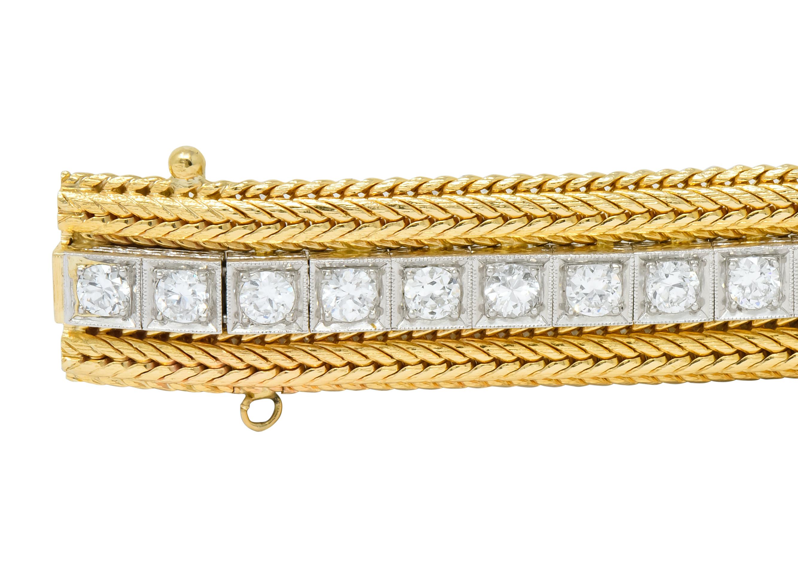 1970s Vintage 6.48 Carat Diamond 14 Karat Gold Platinum Wheat Line Bracelet 1