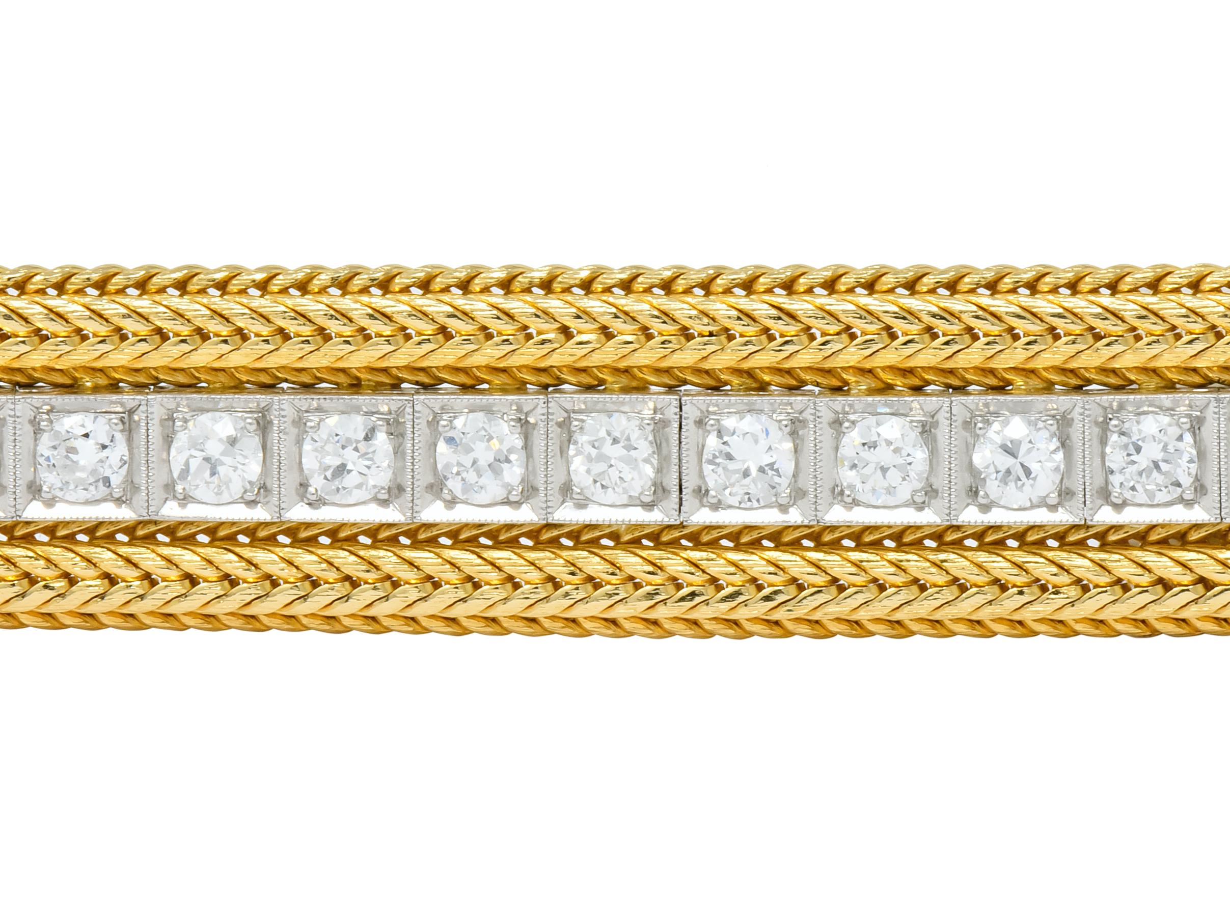 1970s Vintage 6.48 Carat Diamond 14 Karat Gold Platinum Wheat Line Bracelet 2