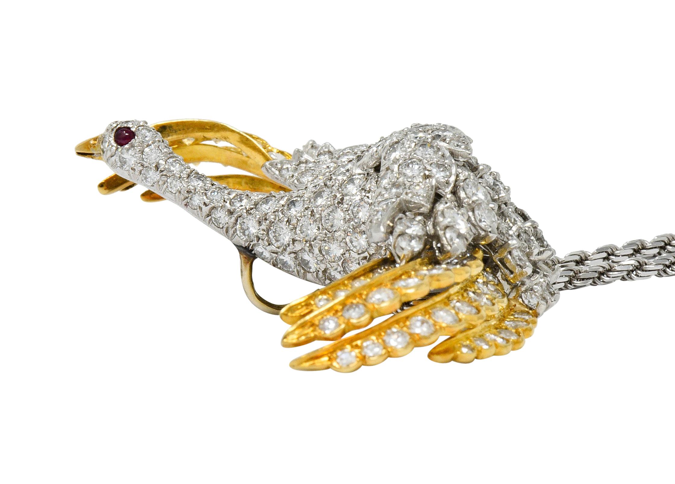 1970s Vintage 8.50 Carat Diamond Platinum 18 Karat Gold Swan Pendant Necklace 4