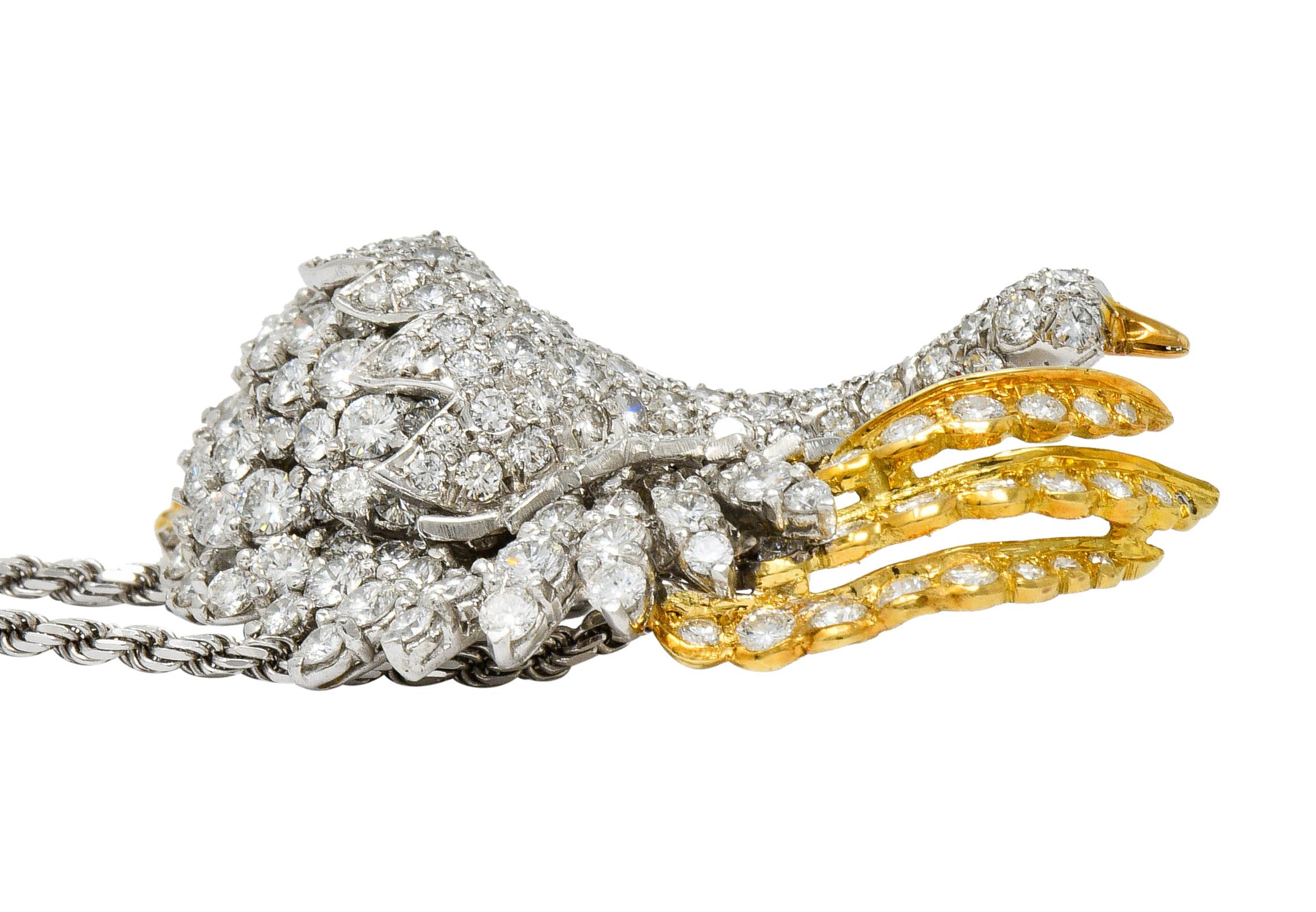 1970s Vintage 8.50 Carat Diamond Platinum 18 Karat Gold Swan Pendant Necklace 6