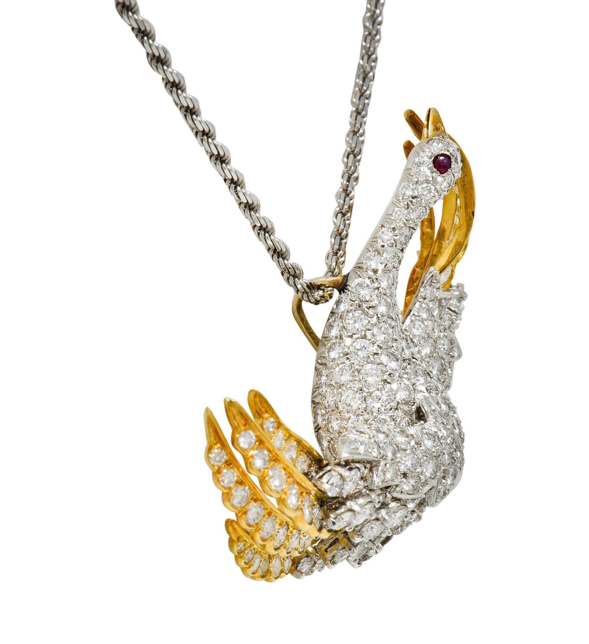 Contemporary 1970s Vintage 8.50 Carat Diamond Platinum 18 Karat Gold Swan Pendant Necklace