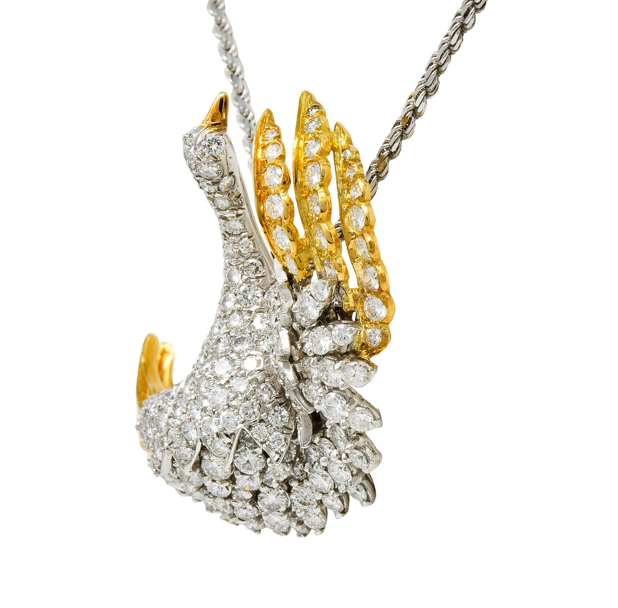 Round Cut 1970s Vintage 8.50 Carat Diamond Platinum 18 Karat Gold Swan Pendant Necklace