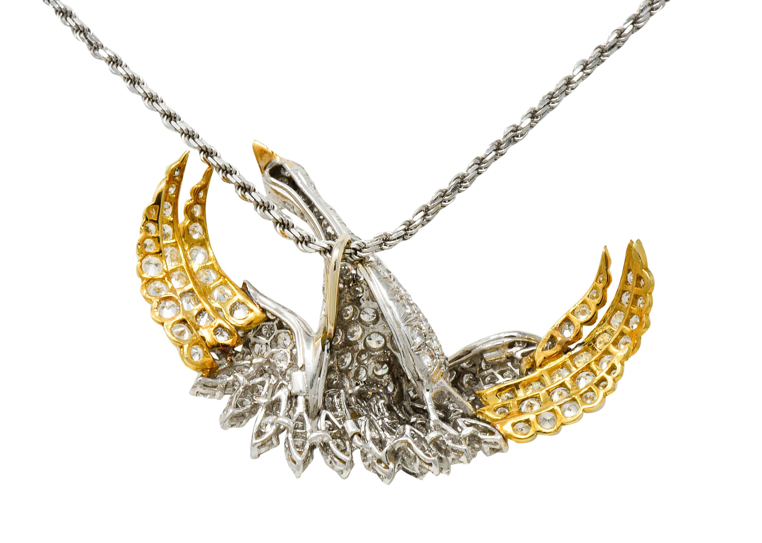 1970s Vintage 8.50 Carat Diamond Platinum 18 Karat Gold Swan Pendant Necklace In Excellent Condition In Philadelphia, PA