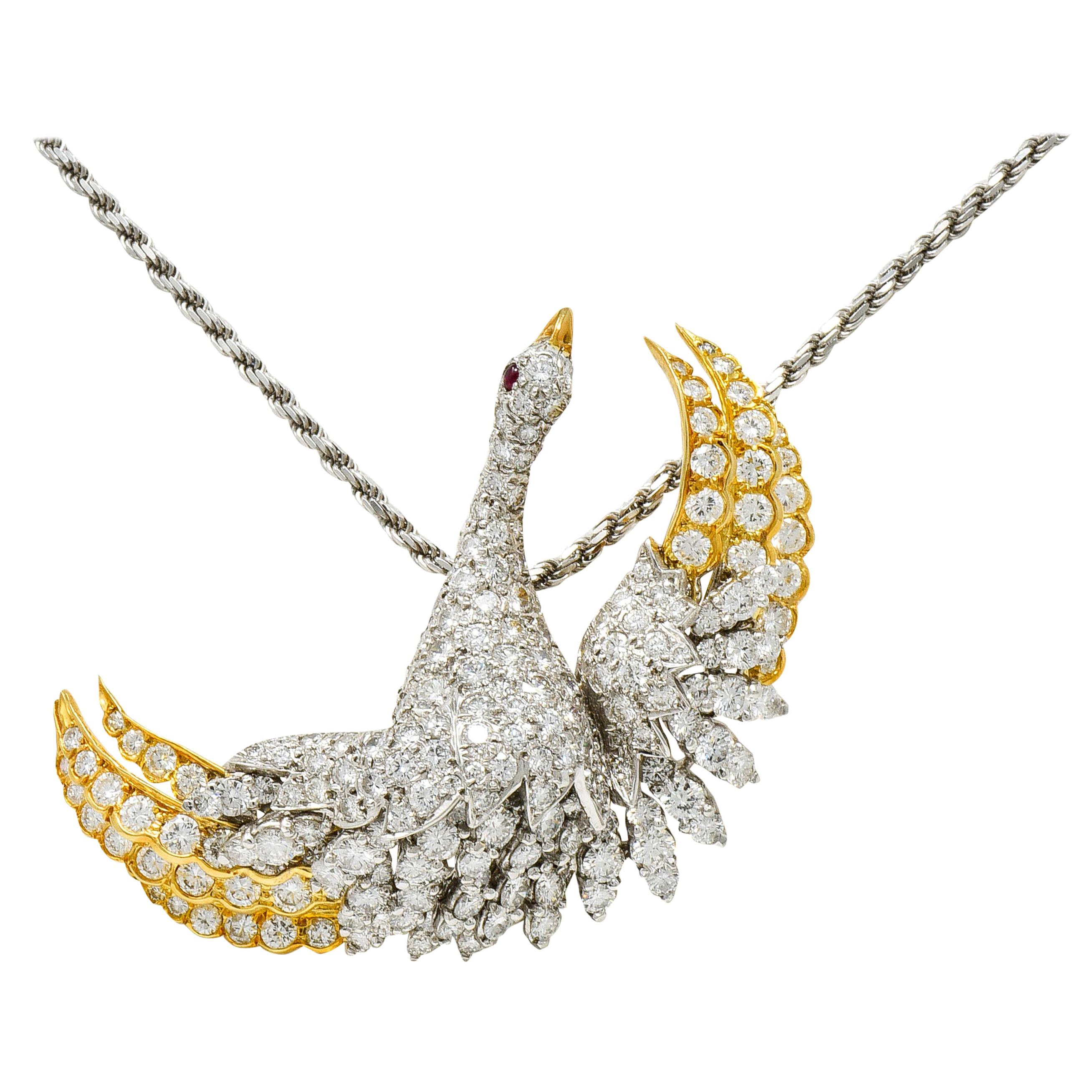 1970s Vintage 8.50 Carat Diamond Platinum 18 Karat Gold Swan Pendant Necklace