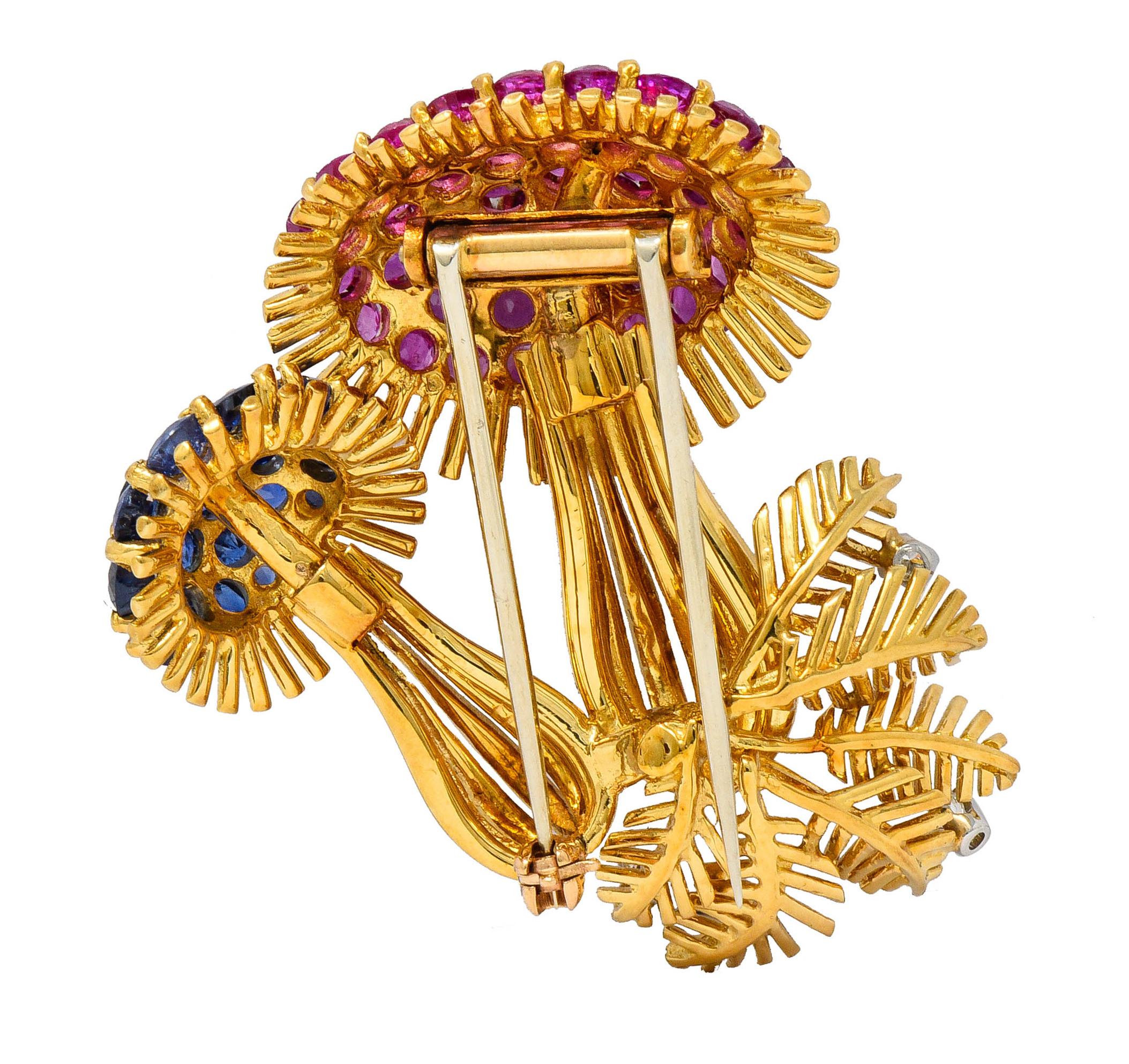 Brilliant Cut 1970s Vintage 8.60 Carat Sapphire Diamond 18 Karat Gold Mushroom Brooch