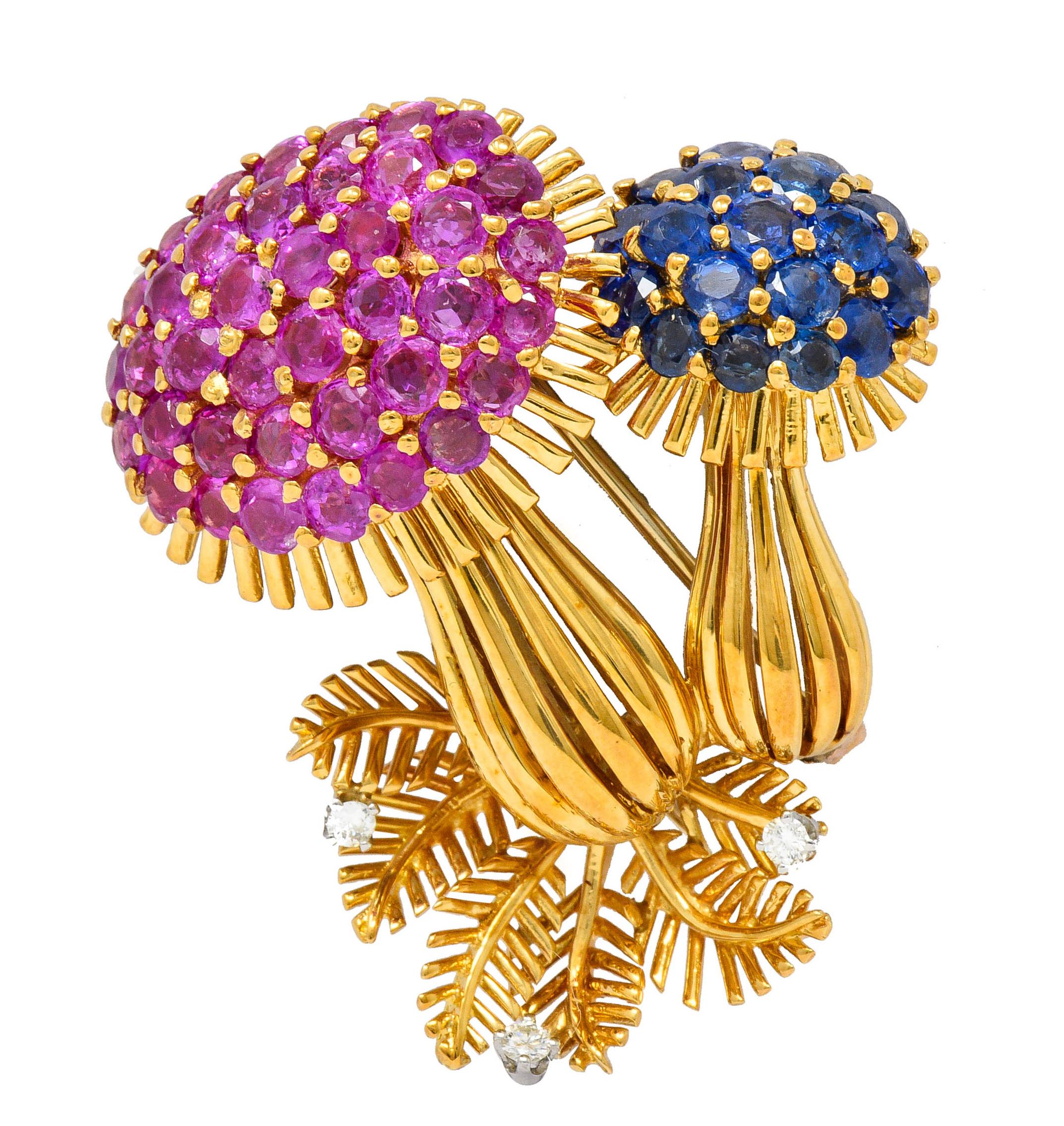 Women's or Men's 1970s Vintage 8.60 Carat Sapphire Diamond 18 Karat Gold Mushroom Brooch