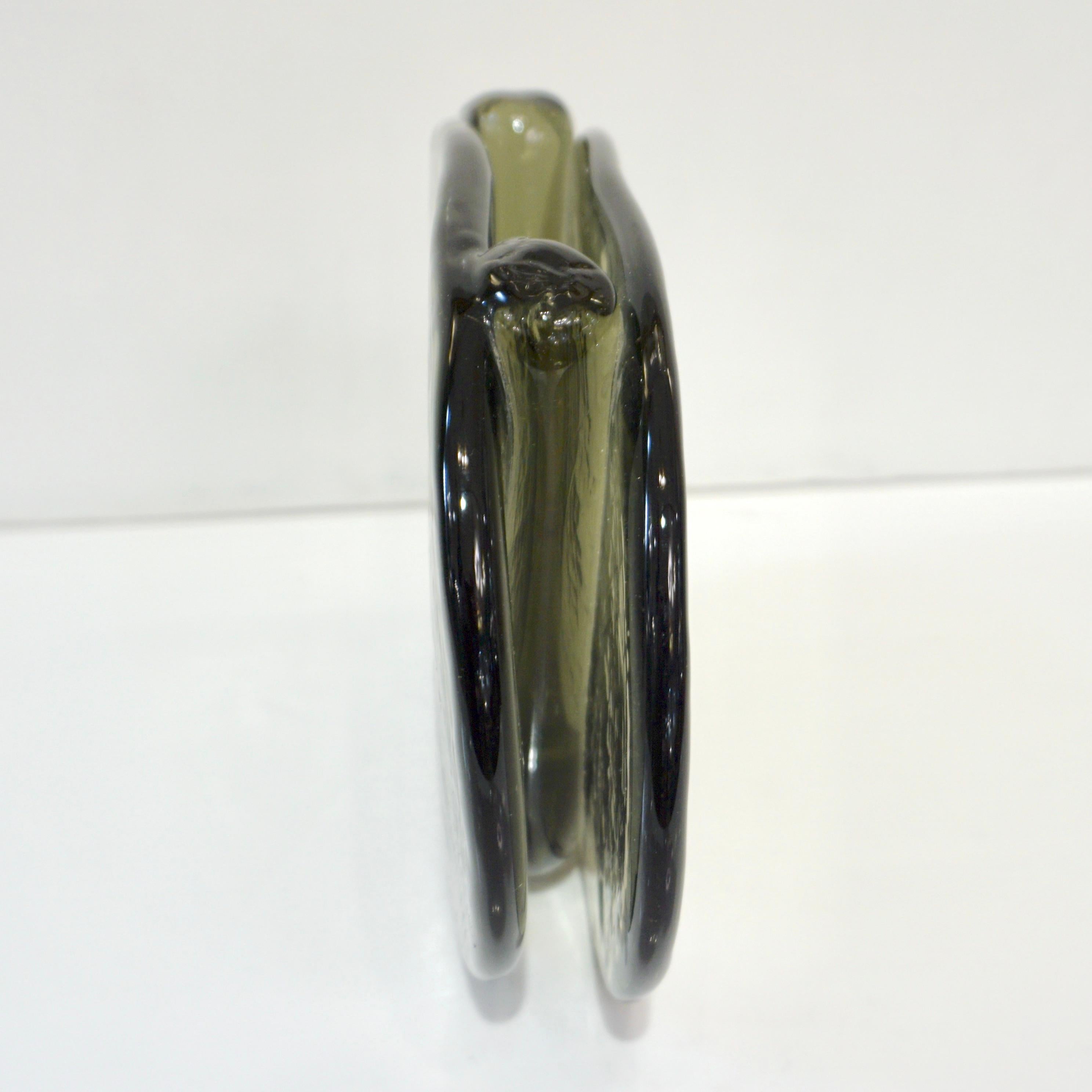 Hand-Crafted 1970s Vintage Abstract Italian Smoked Green Murano Glass Oval Flower Vase For Sale