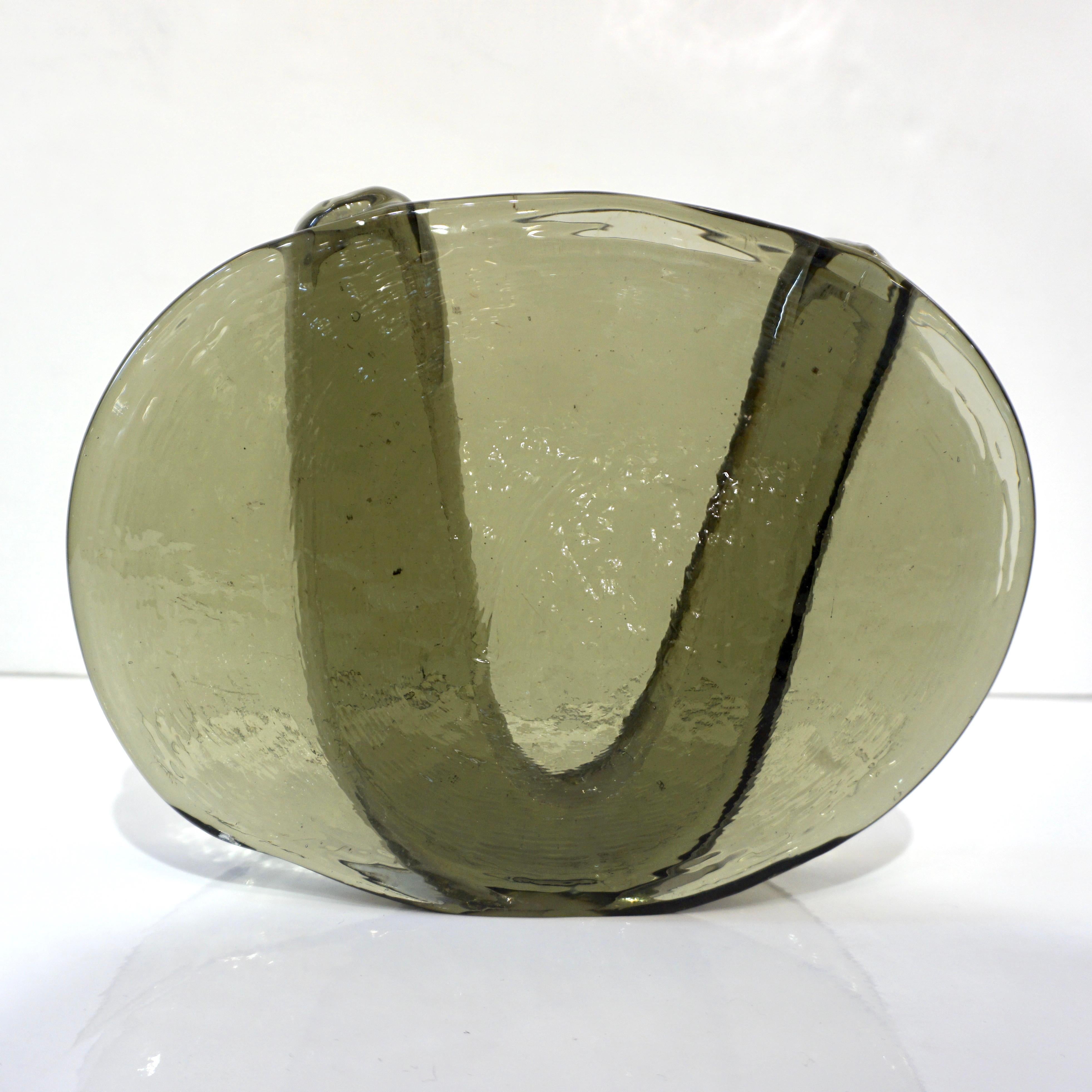 Late 20th Century 1970s Vintage Abstract Italian Smoked Green Murano Glass Oval Flower Vase For Sale