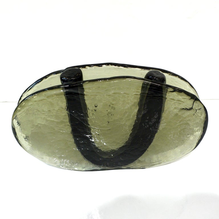 Mid-Century Modern 1970s Vintage Abstract Italian Smoked & Black Murano Glass Oval Flower Vase For Sale