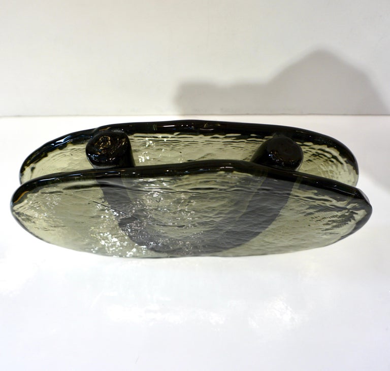 Hand-Crafted 1970s Vintage Abstract Italian Smoked & Black Murano Glass Oval Flower Vase For Sale