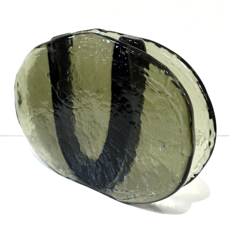 1970s Vintage Abstract Italian Smoked & Black Murano Glass Oval Flower Vase In Good Condition For Sale In New York, NY