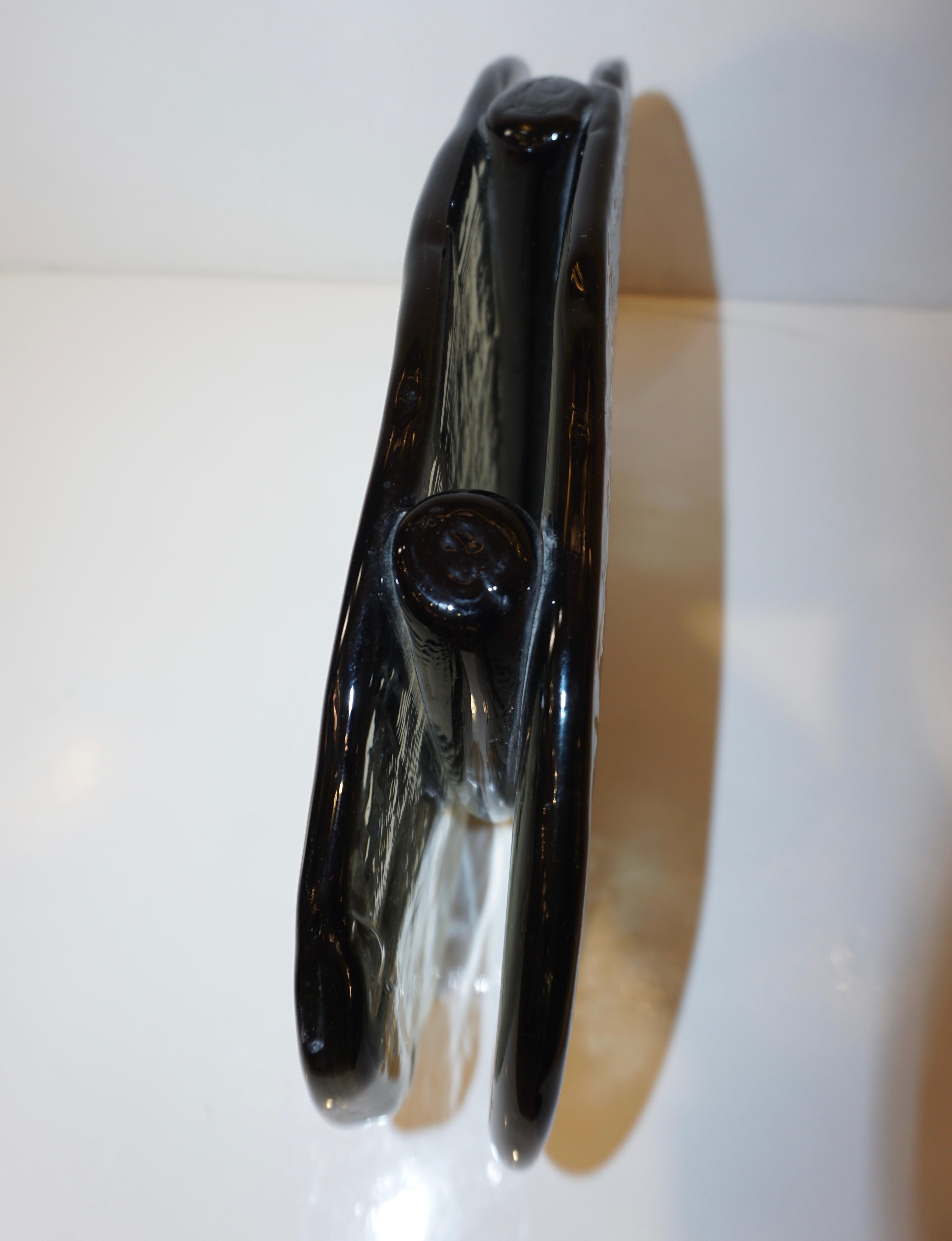 1970s Vintage Abstract Italian Smoked & Black Murano Glass Oval Flower Vase For Sale 2