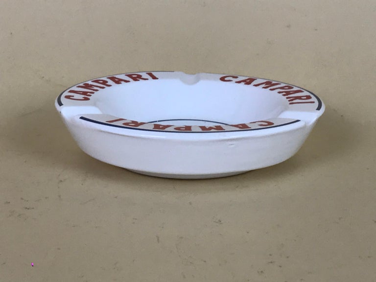 Mid-Century Modern 1970s Vintage Advertising Campari Soda Milano Ashtray in White and Red Ceramic For Sale