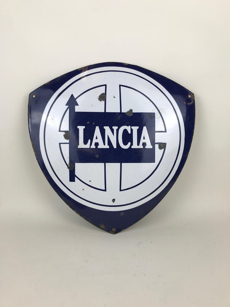 Mid-Century Modern 1970s Vintage Advertising Enameled Metal Lancia Sign Made in Italy For Sale