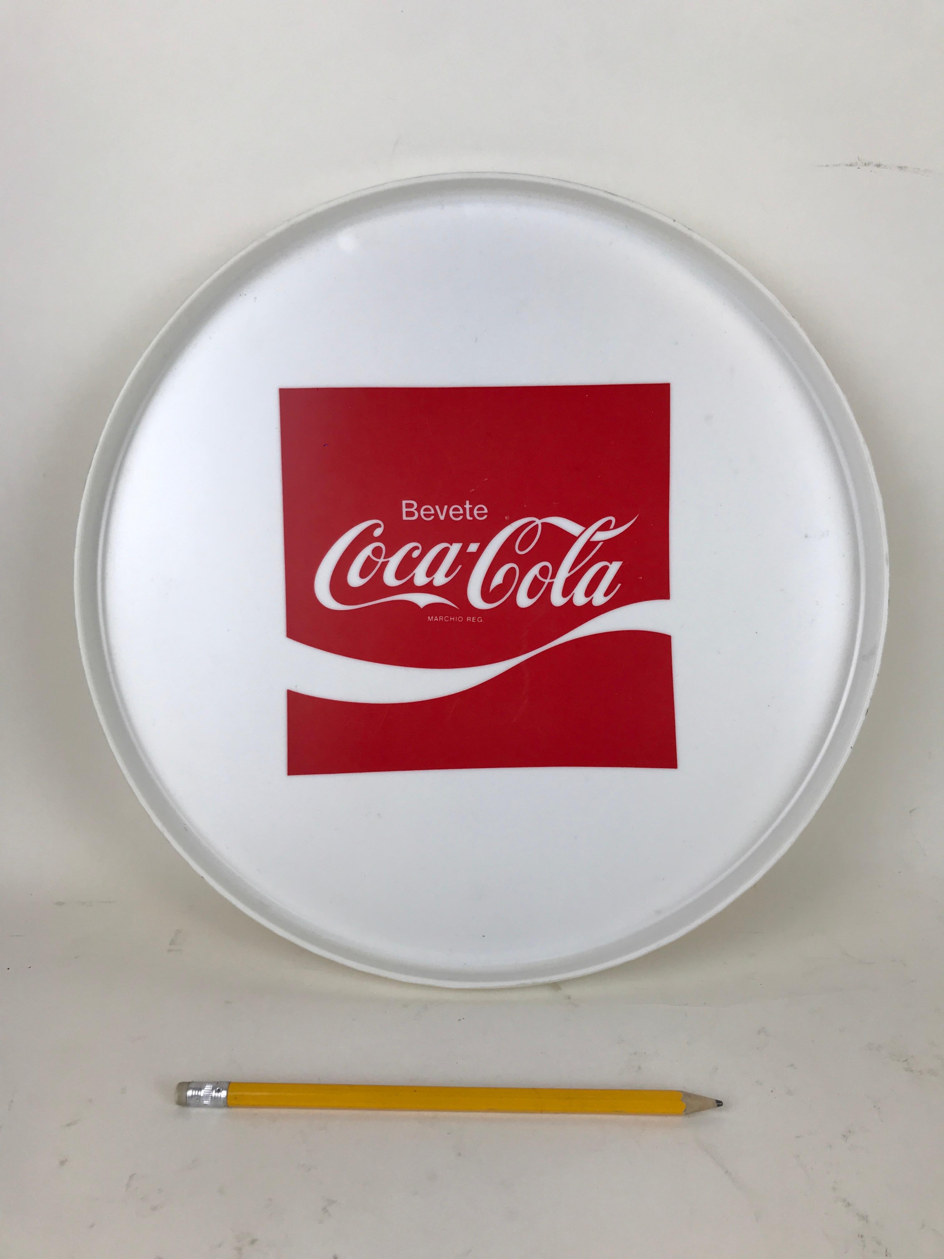 1970s vintage round plastic tray in white, with red 