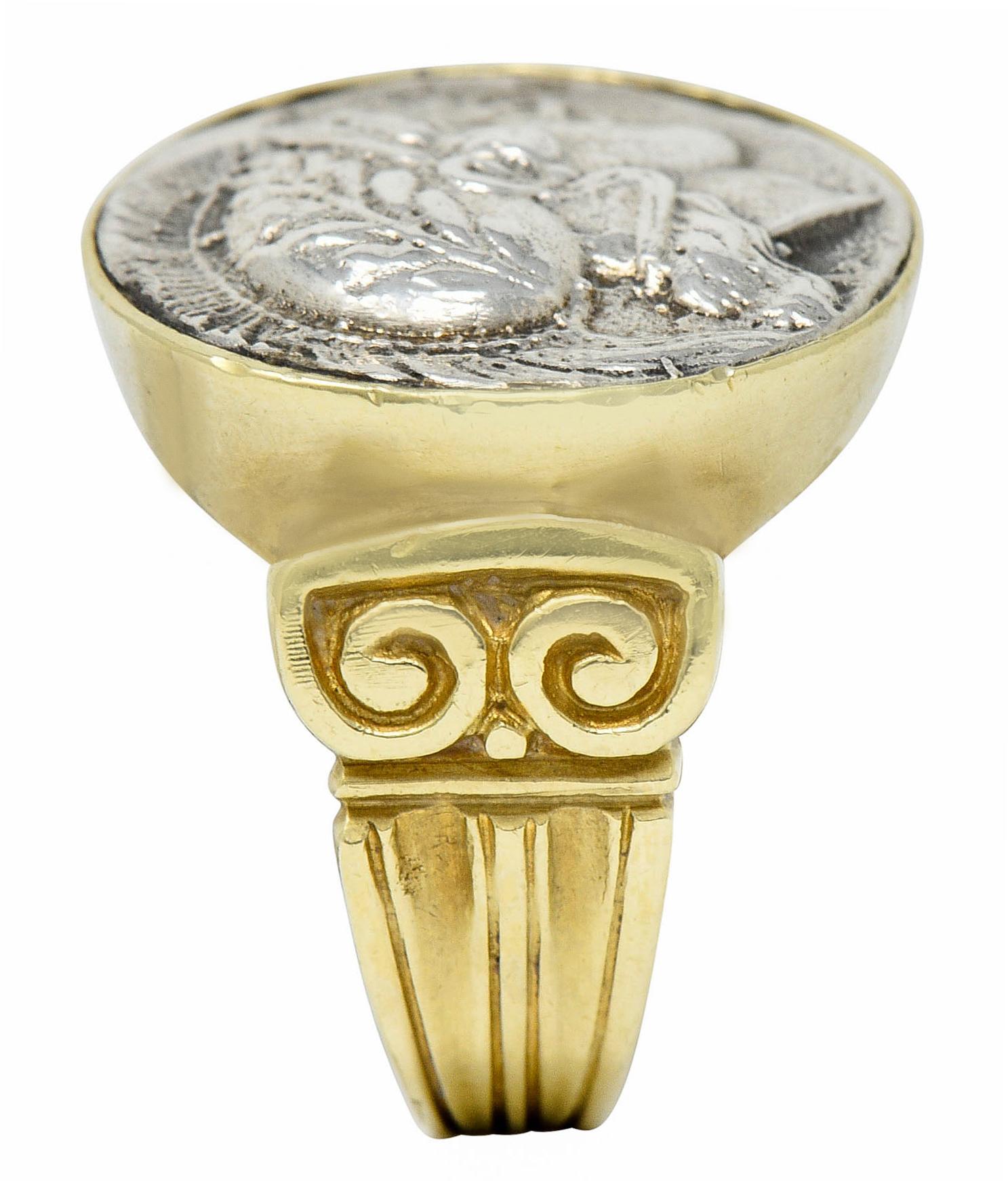 1970's Vintage Ancient Coin 18 Karat Gold Athena & Bull Ring 7