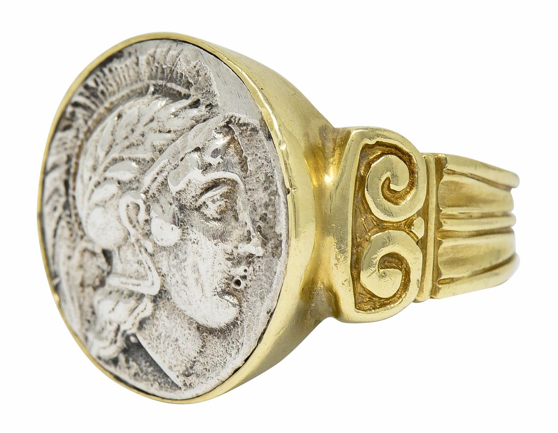 1970's Vintage Ancient Coin 18 Karat Gold Athena & Bull Ring 1