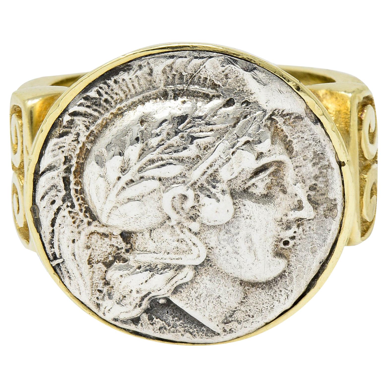 1970's Vintage Ancient Coin 18 Karat Gold Athena & Bull Ring