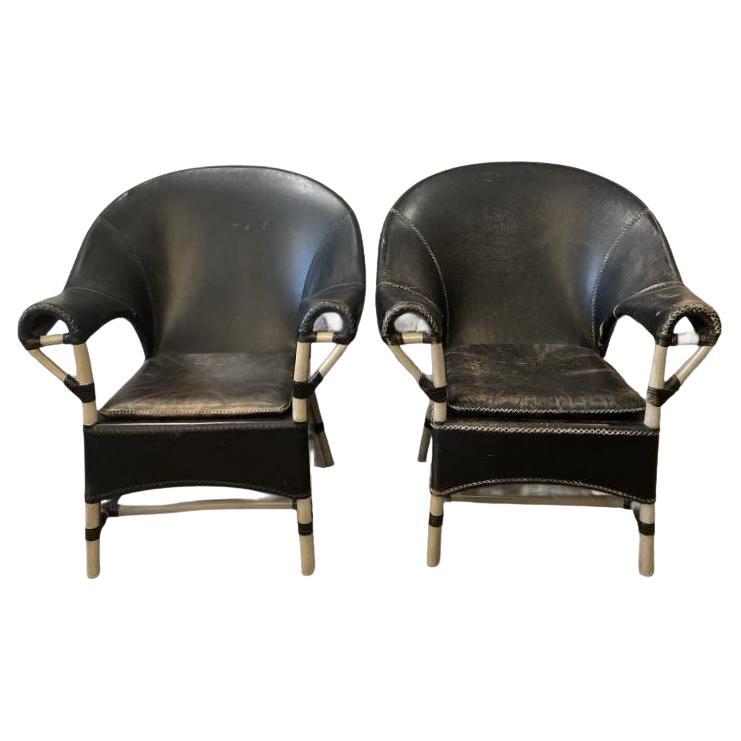 1970 Vintage Budji Layug Chaises en bambou et cuir - une paire en vente