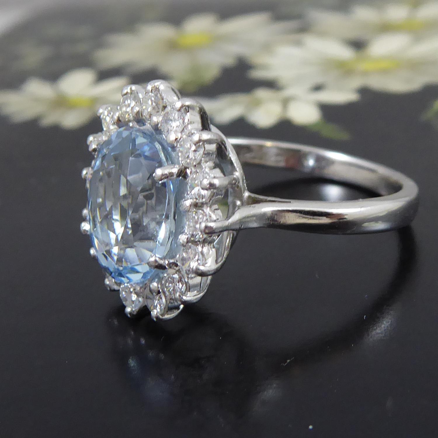 Oval Cut 1970's Vintage Aquamarine and Diamond Cluster Ring, 18ct White Gold