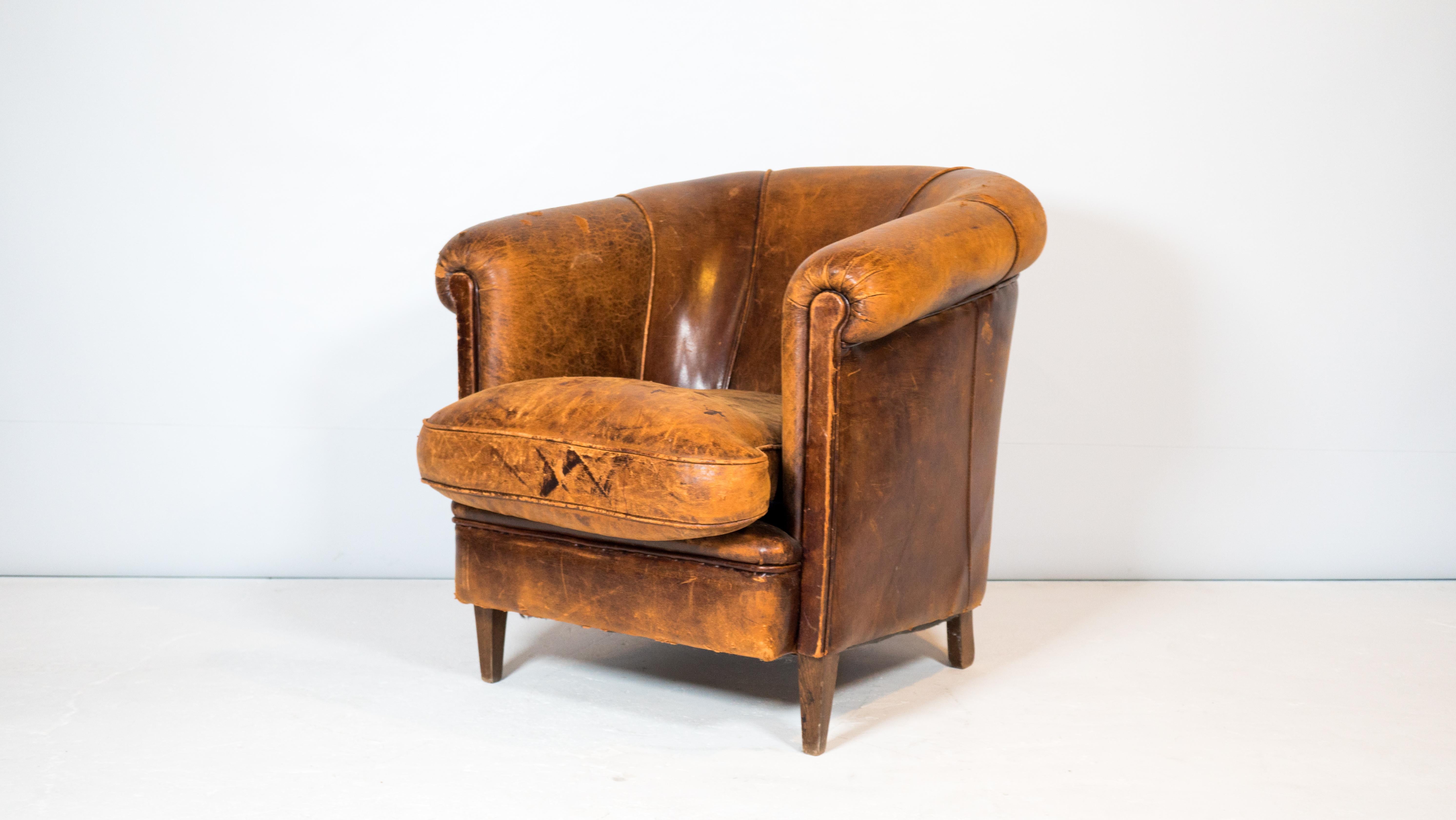 Unknown 1970s Vintage Art Deco Distressed Leather Club Chair For Sale