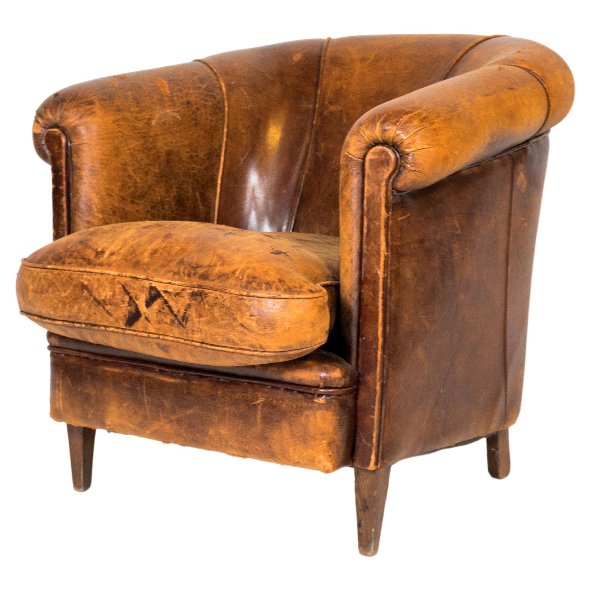 1970s Vintage Art Deco Distressed Leather Club Chair For Sale